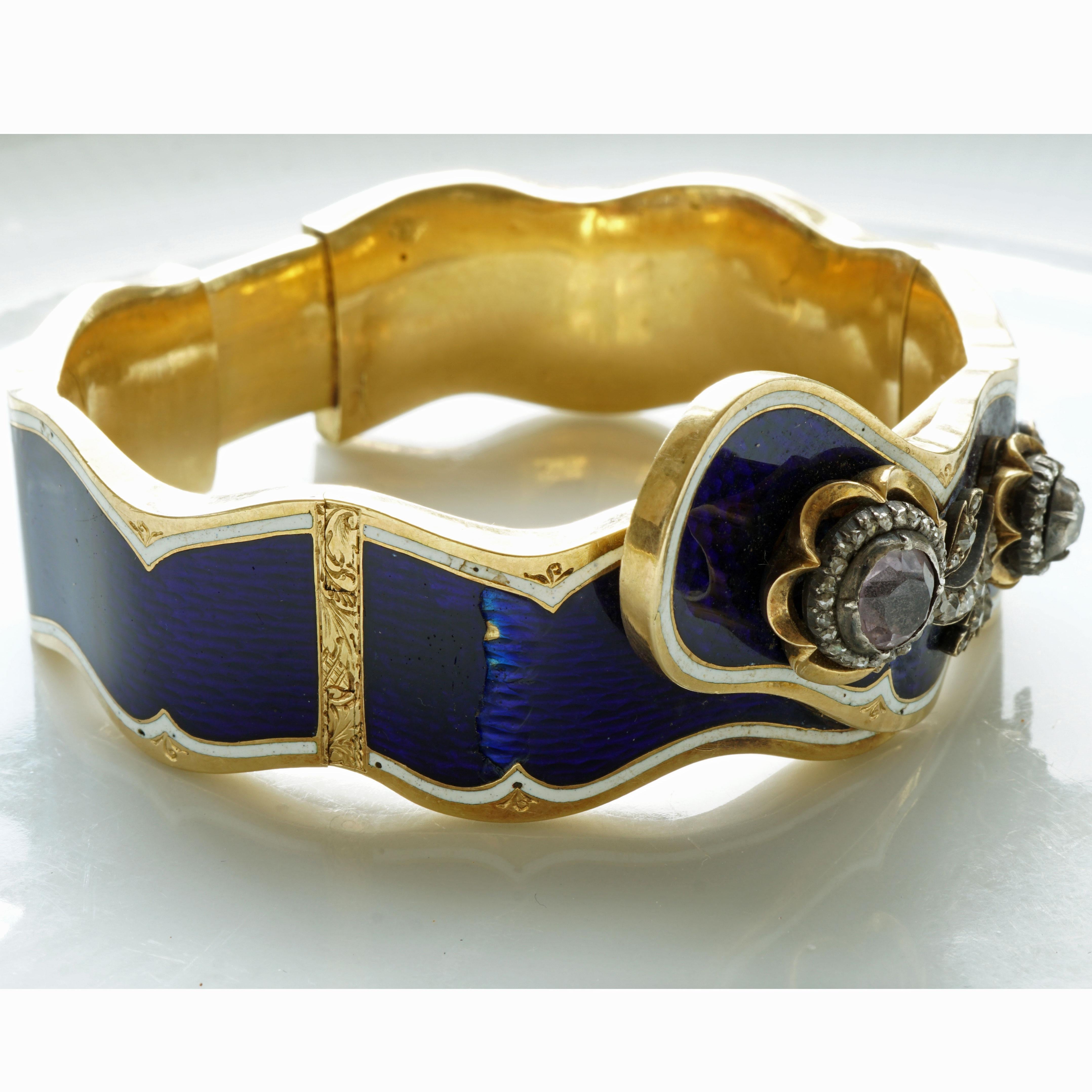Women's or Men's Enamel Bangle late 18 Century Sacred Midnight Blue with Yellow Gold and Diamonds For Sale