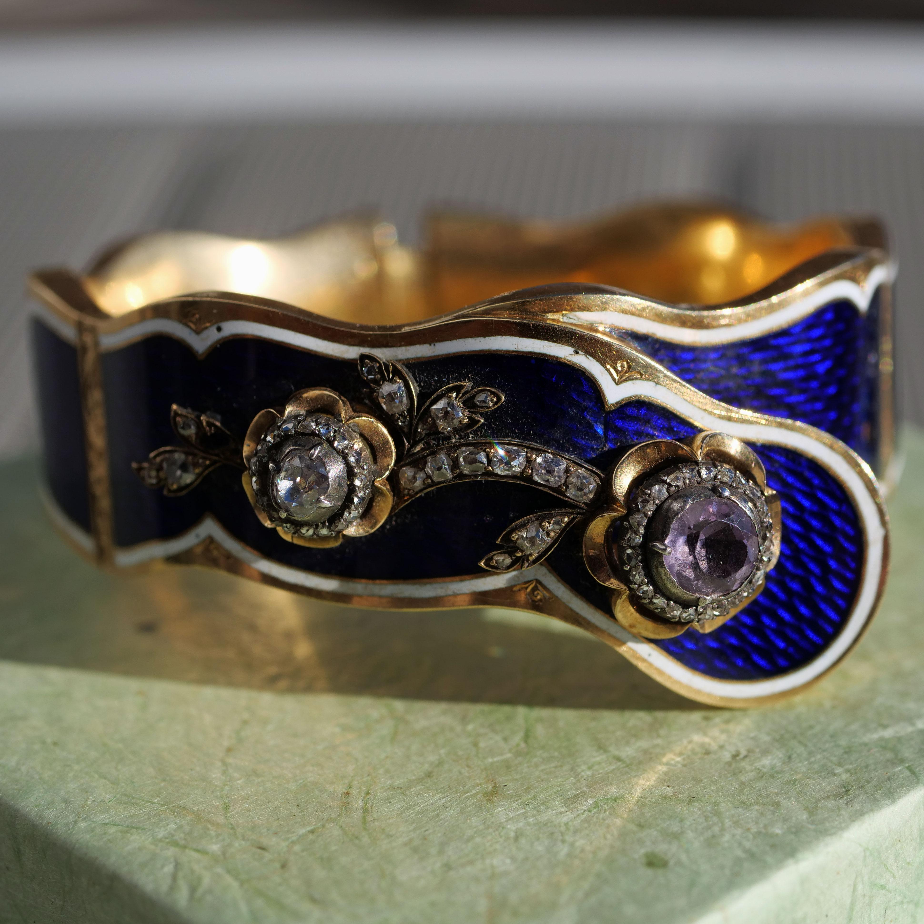 Enamel Bangle late 18 Century Sacred Midnight Blue with Yellow Gold and Diamonds For Sale 2