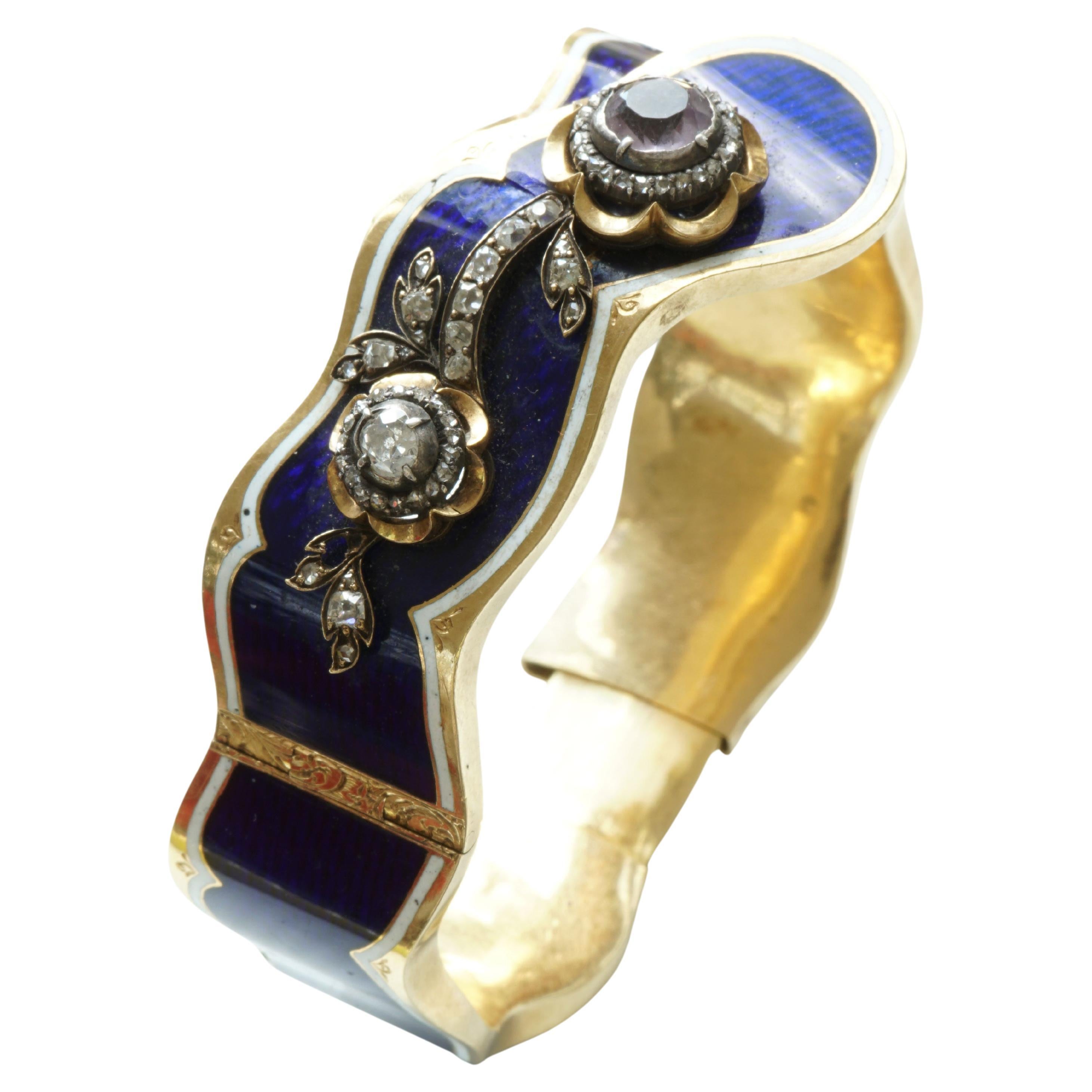 Enamel Bangle late 18 Century Sacred Midnight Blue with Yellow Gold and Diamonds For Sale