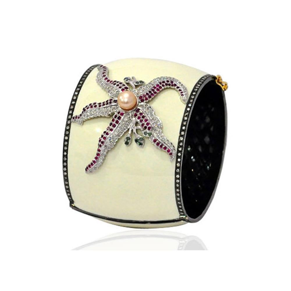 Art Deco Enamel Bangle with Multi Gemstone Surrounded by Pave Diamond in Star Fish Design