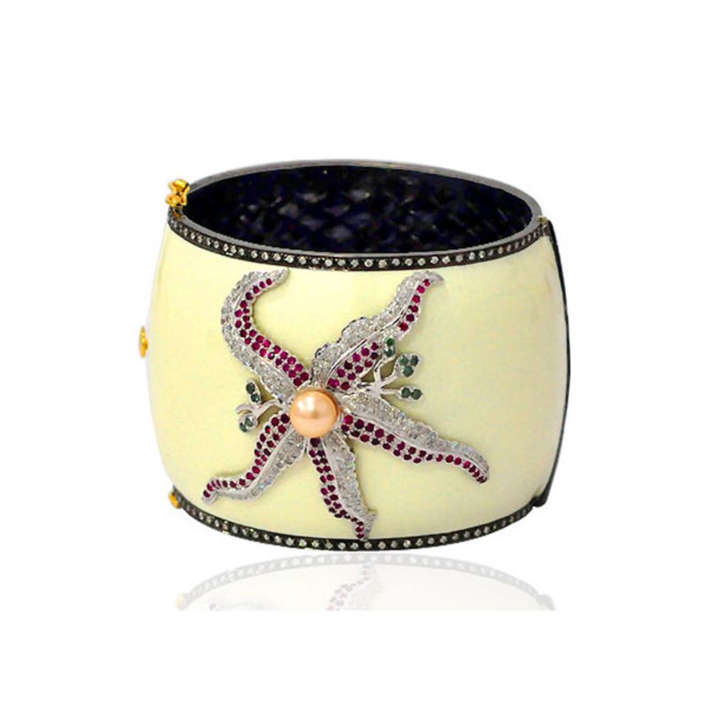 Round Cut Enamel Bangle with Multi Gemstone Surrounded by Pave Diamond in Star Fish Design