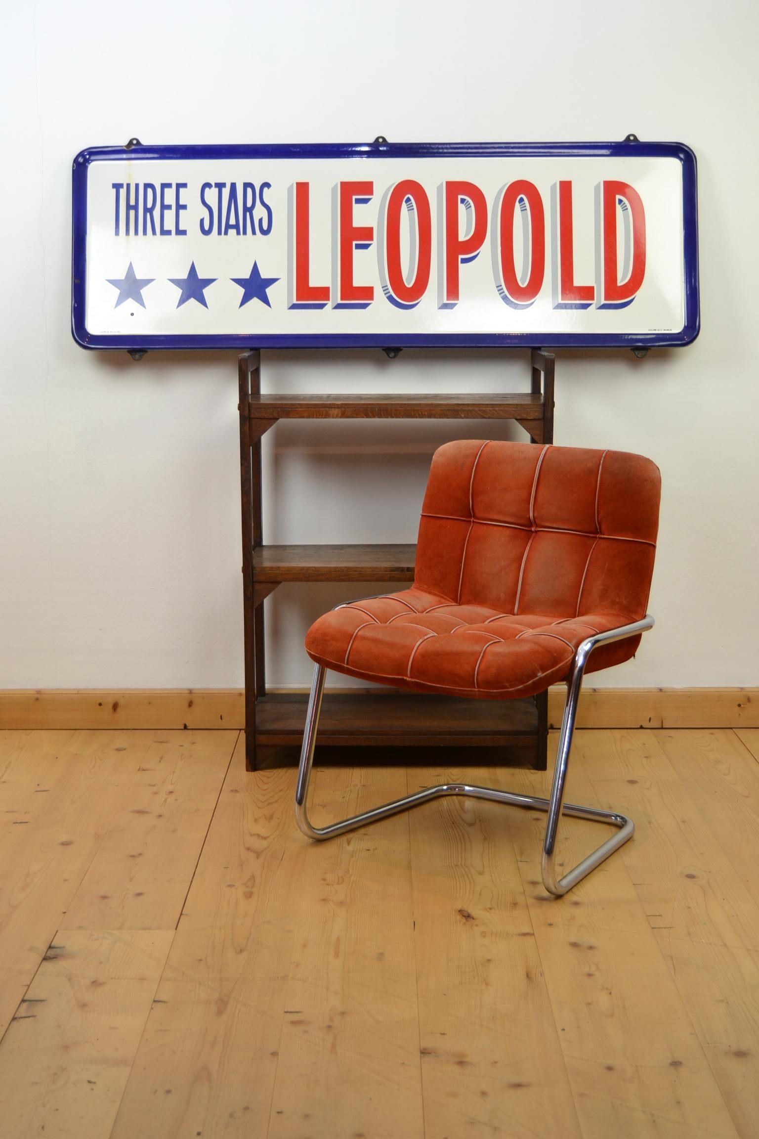 Porcelain Beer Sign for Belgian Beer - Three Stars Leopold Sign 
A large and great looking Belgian beer sign with the American colors white, red and blue and 3 stars.
This Enamel sign was made for the Brewery Leopold Brussels, which was located in