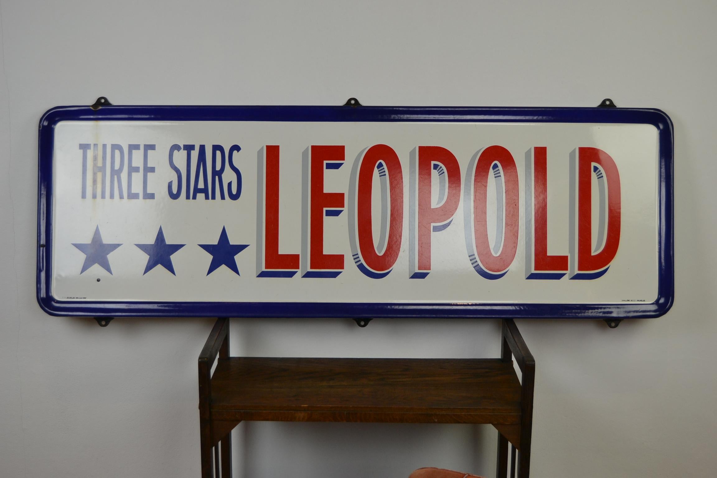 Modern Porcelain Belgian Beer Sign, Three Stars Leopold, 1950s For Sale