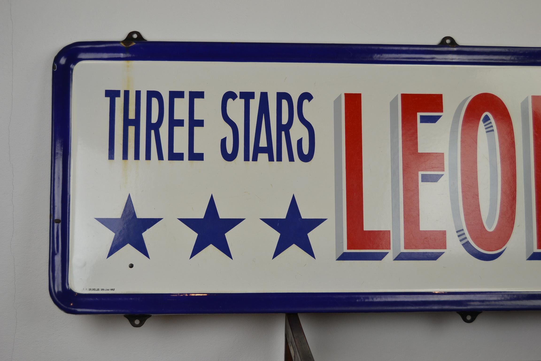Enameled Porcelain Belgian Beer Sign, Three Stars Leopold, 1950s For Sale
