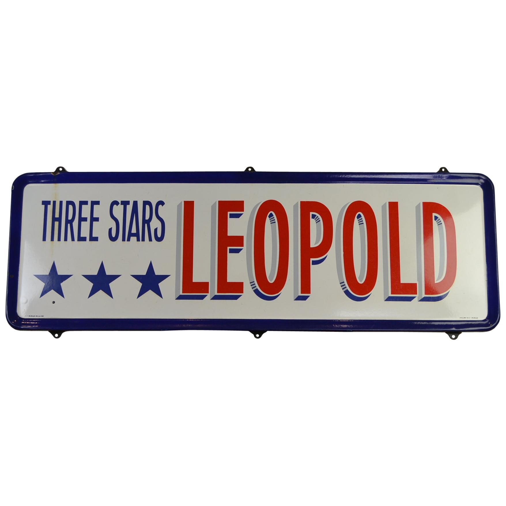 Porcelain Belgian Beer Sign, Three Stars Leopold, 1950s