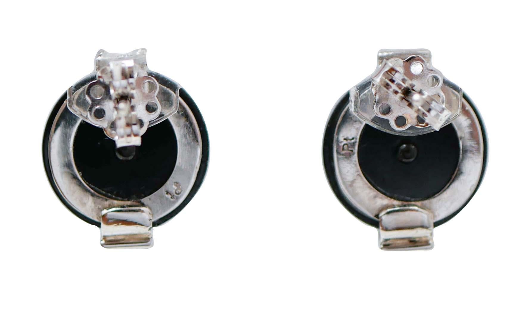 Retro Enamel, Black Agate, Platinum Earrings. For Sale