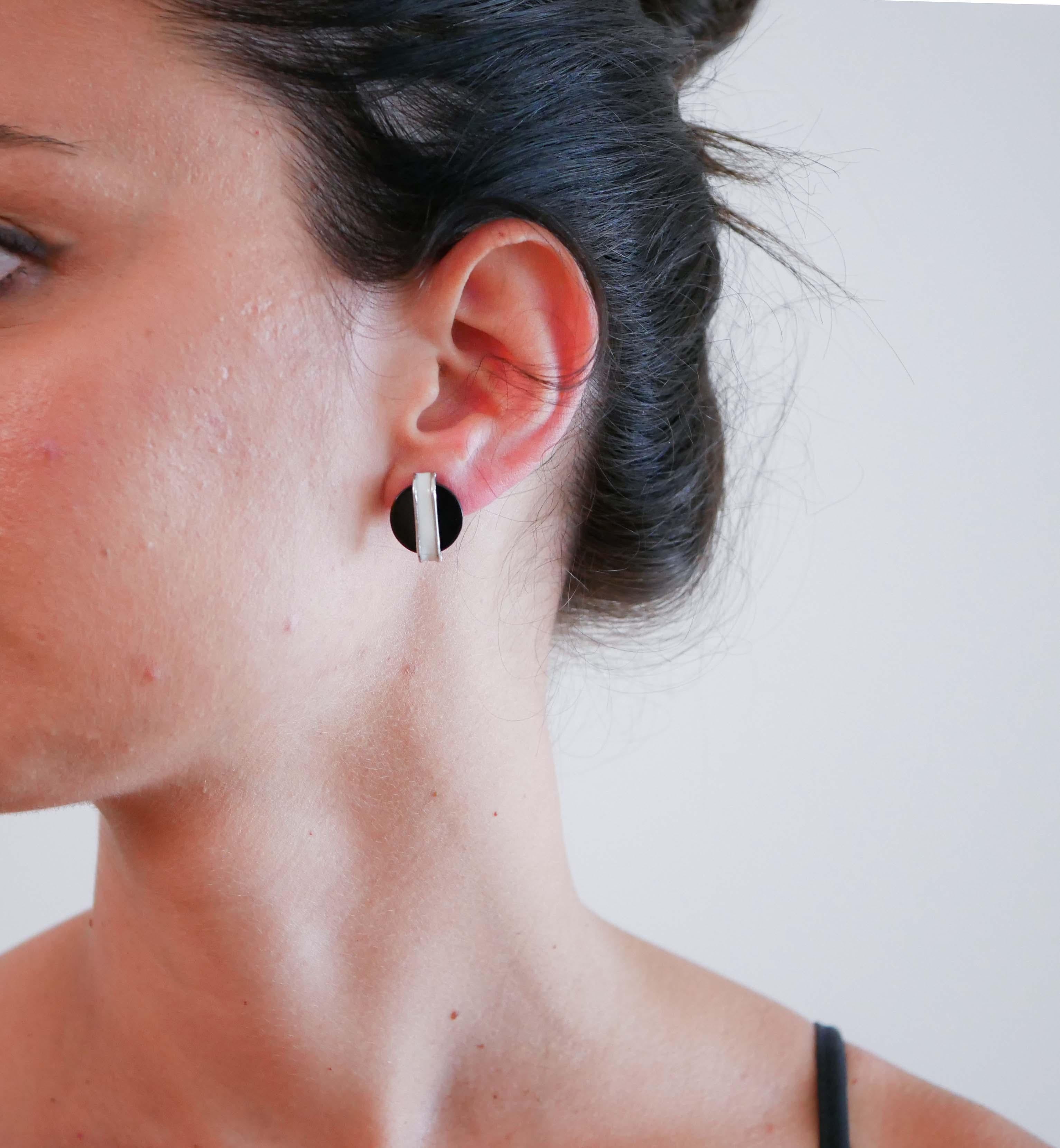 Mixed Cut Enamel, Black Agate, Platinum Earrings. For Sale
