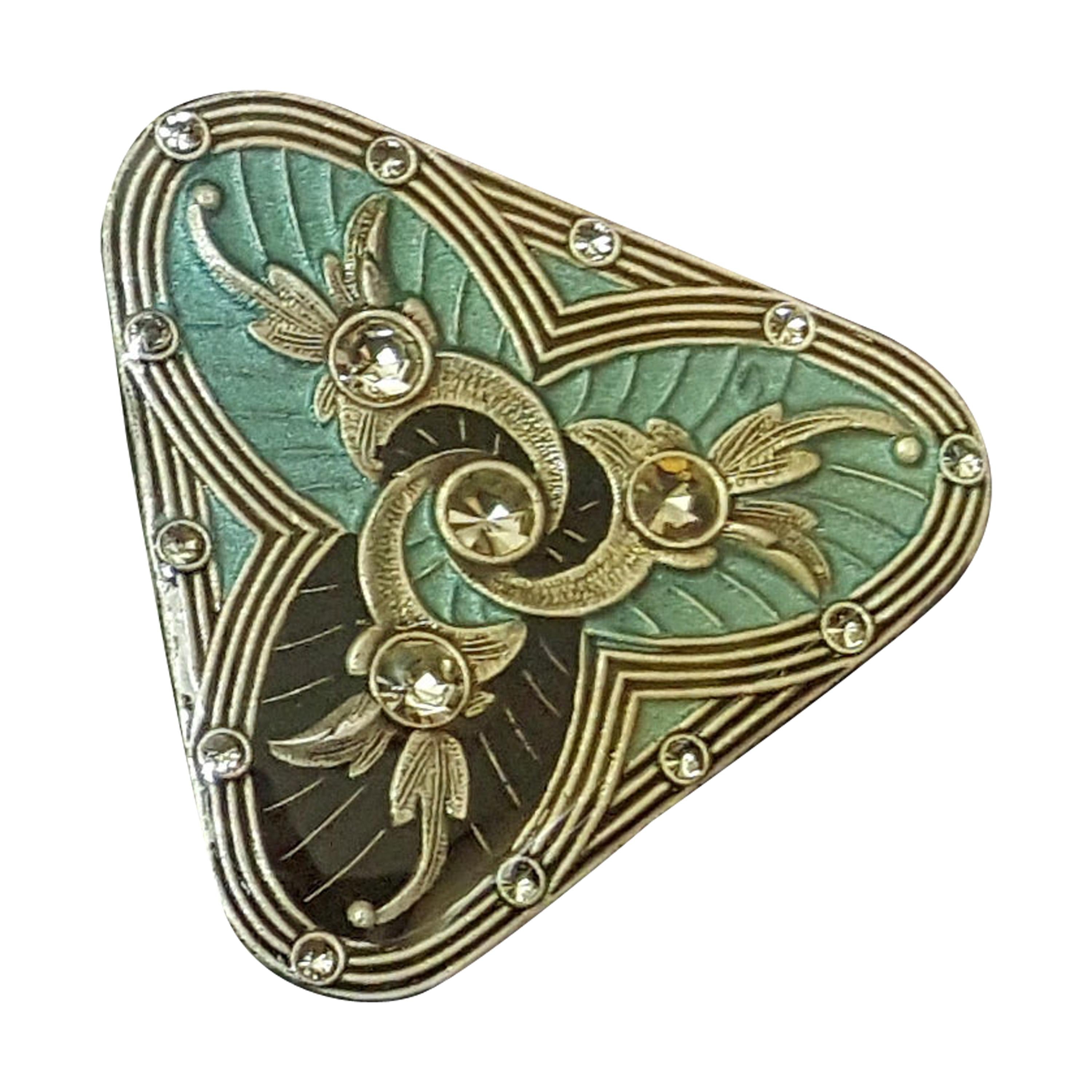 Enamel Black and Green Blue Brooch Pin Detailed with Lacquer and Rhinestones