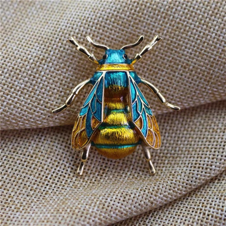 Broche Insecte Dorée Avec émail Bleu - Vintage, Très Bon état