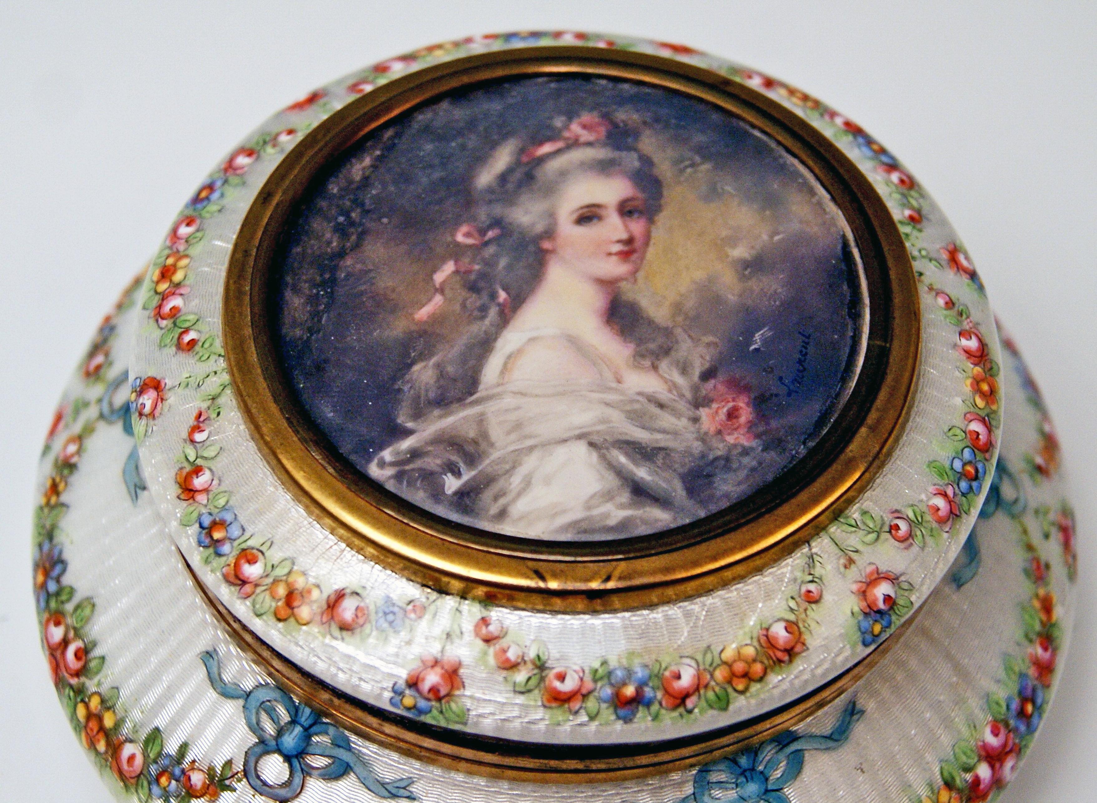 French Enamel Box Gilt Inside Painted Flowers Garlands Lady's Portrait, France For Sale