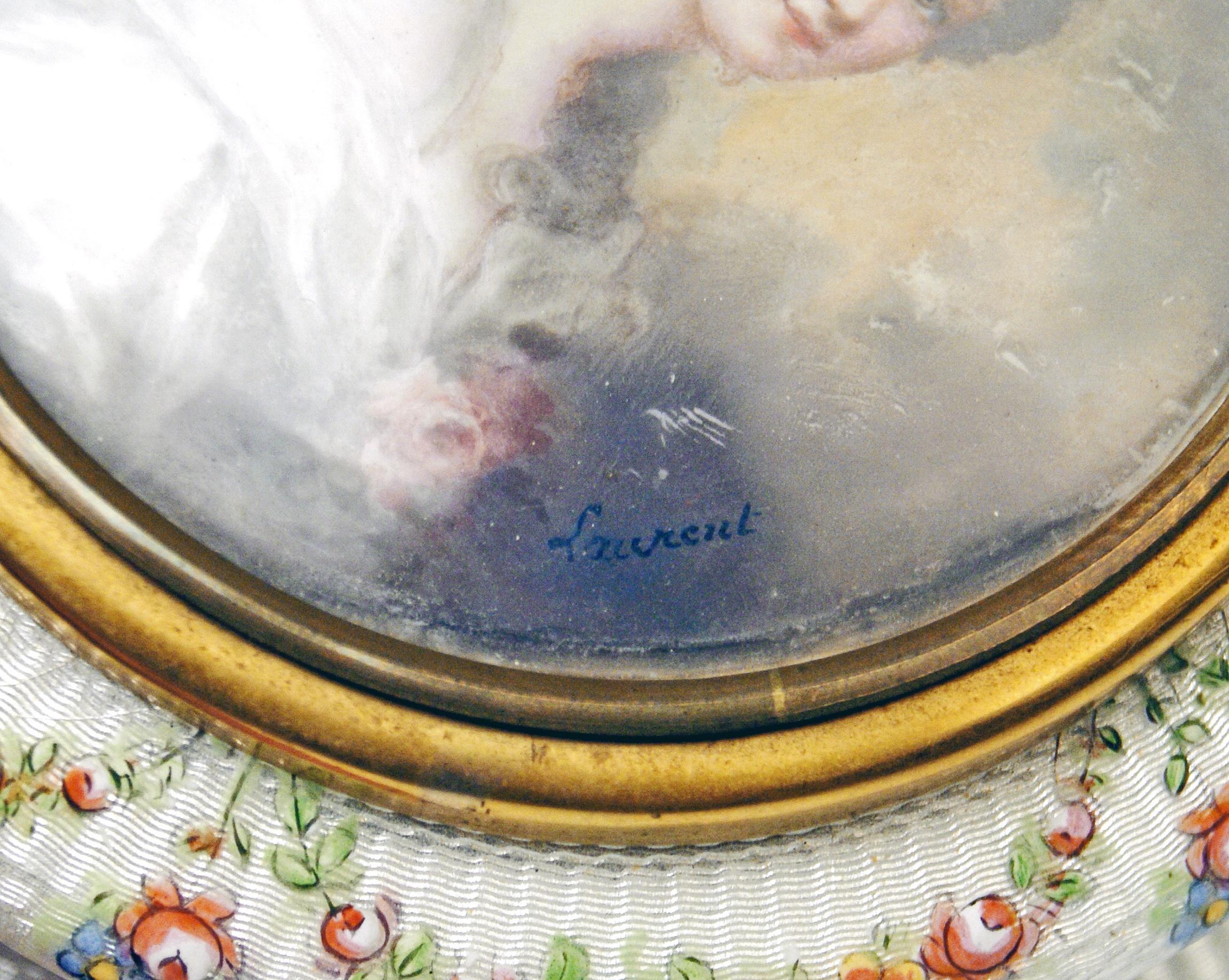 Enamel Box Gilt Inside Painted Flowers Garlands Lady's Portrait, France For Sale 1