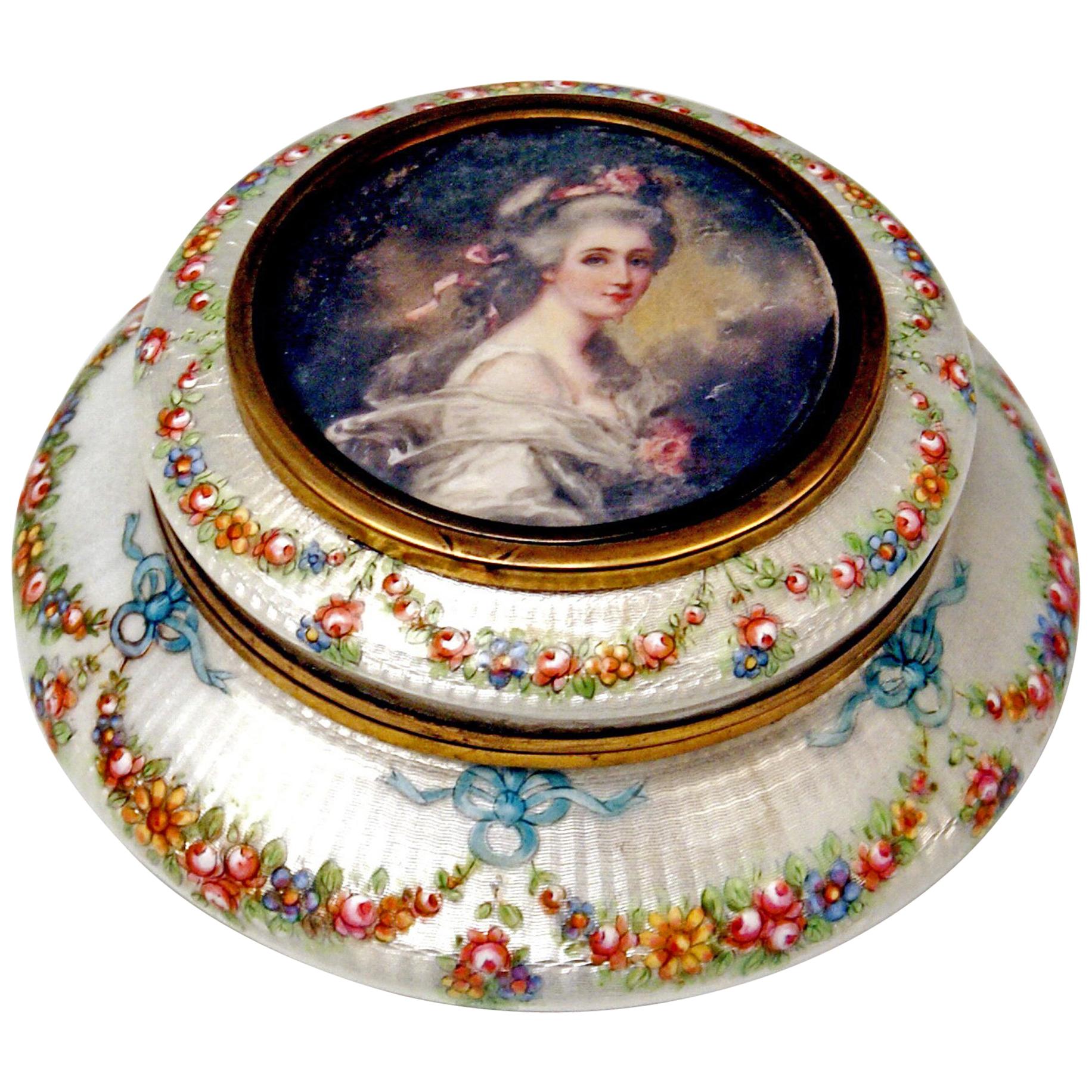 Enamel Box Gilt Inside Painted Flowers Garlands Lady's Portrait, France