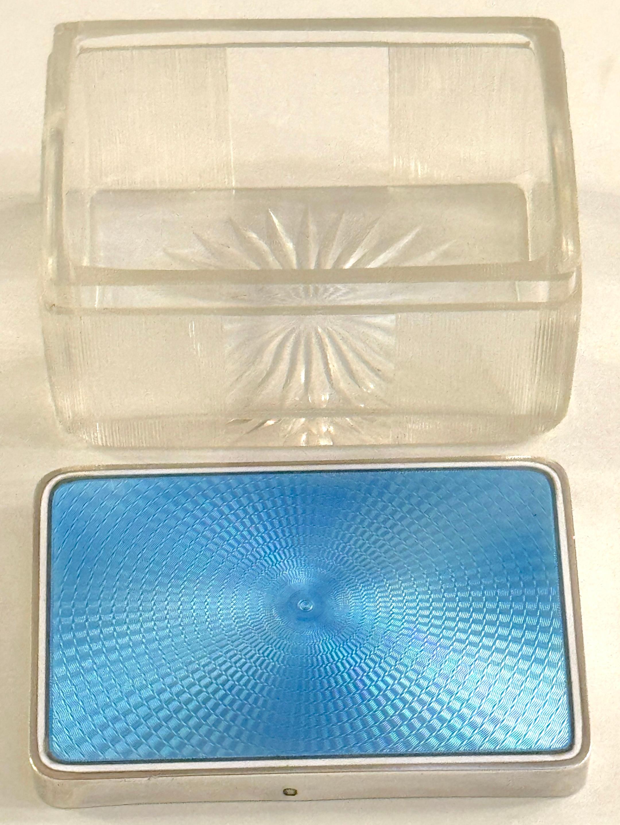 Rectangular French Silver Light Blue Guilloché Enamel and Crystal Table Box For Sale 3