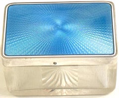 Rectangular French Silver Light Blue Guilloché Enamel and Crystal Table Box
