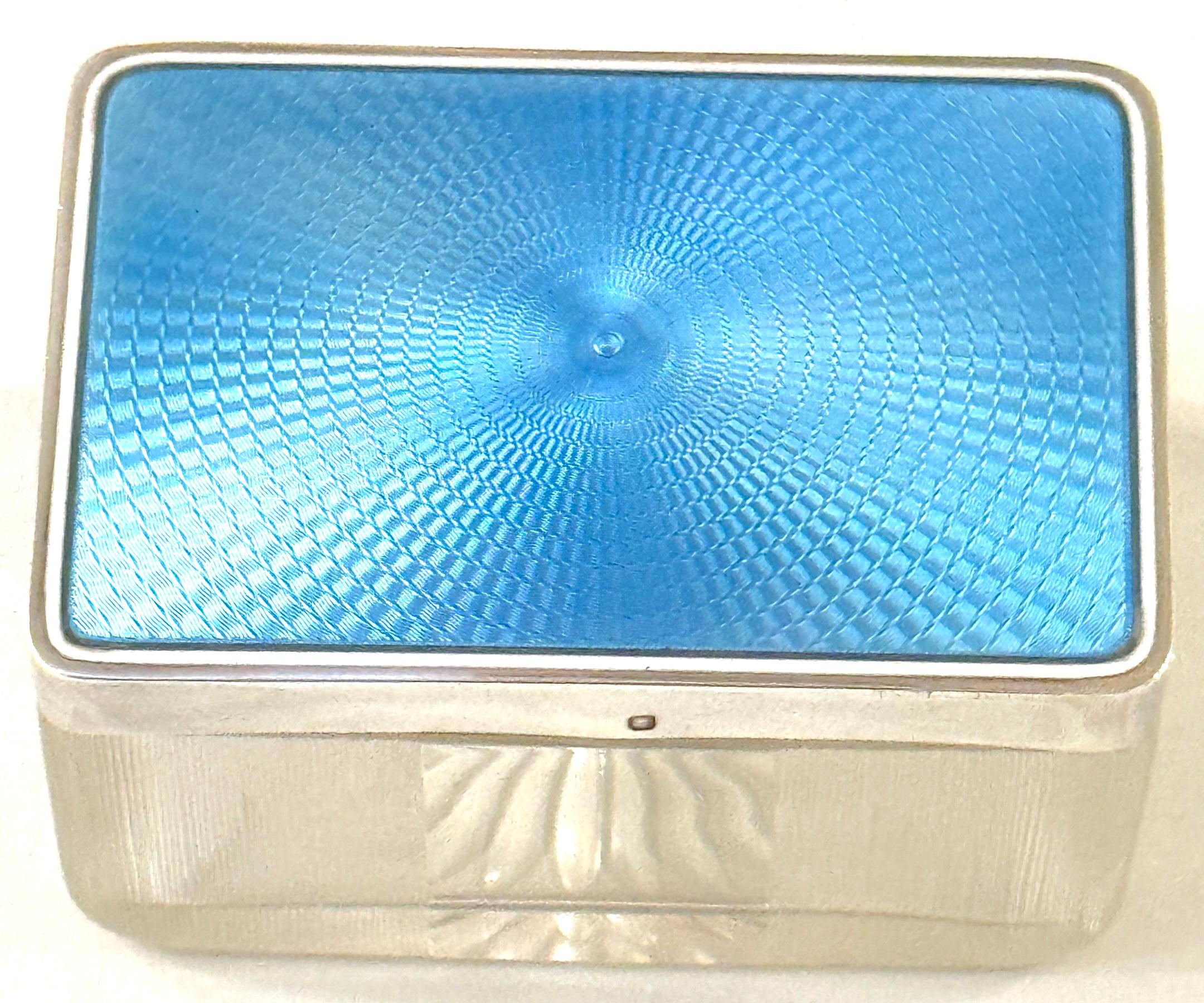 Art Deco Rectangular French Silver Light Blue Guilloché Enamel and Crystal Table Box For Sale