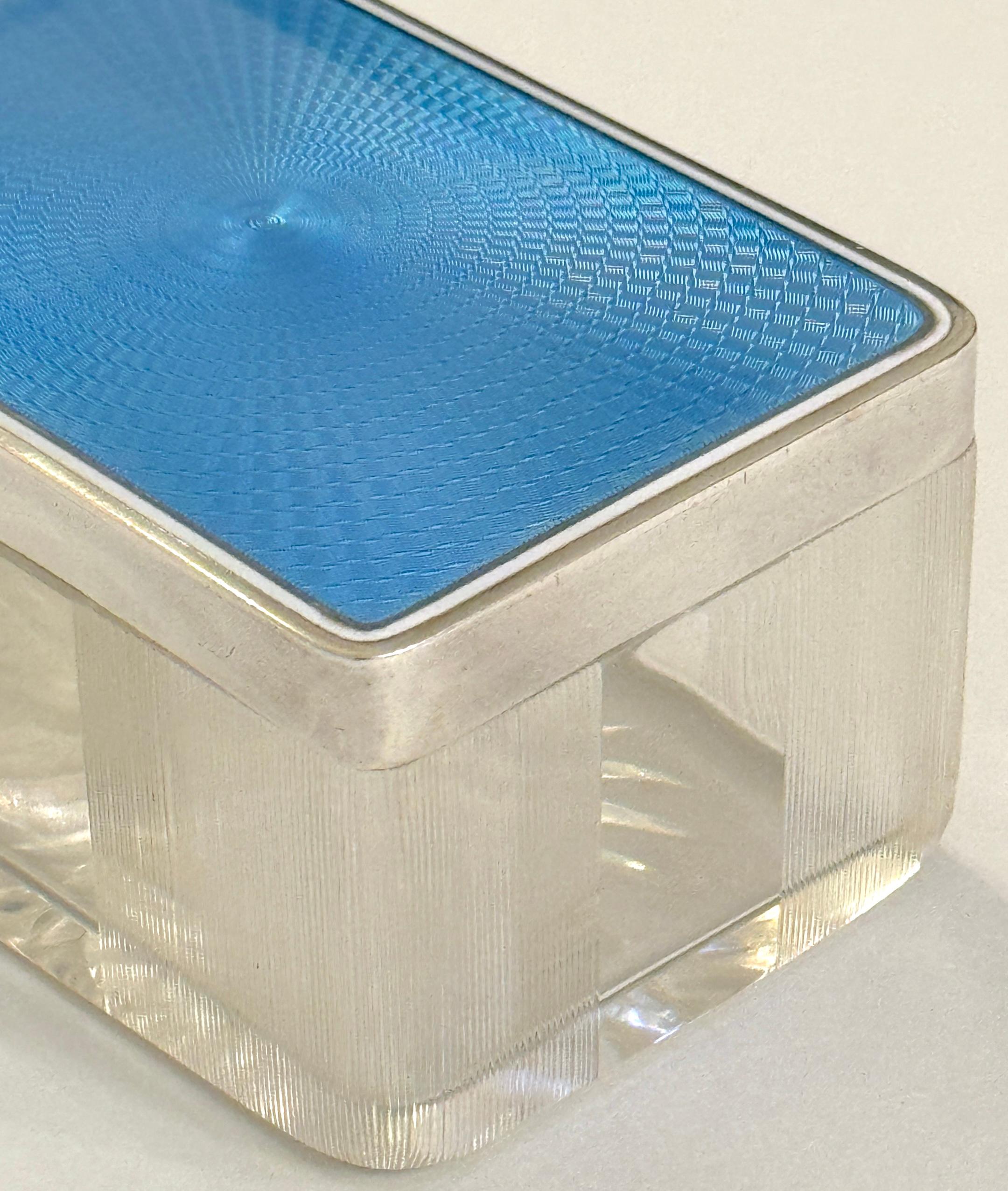 Enameled Rectangular French Silver Light Blue Guilloché Enamel and Crystal Table Box For Sale