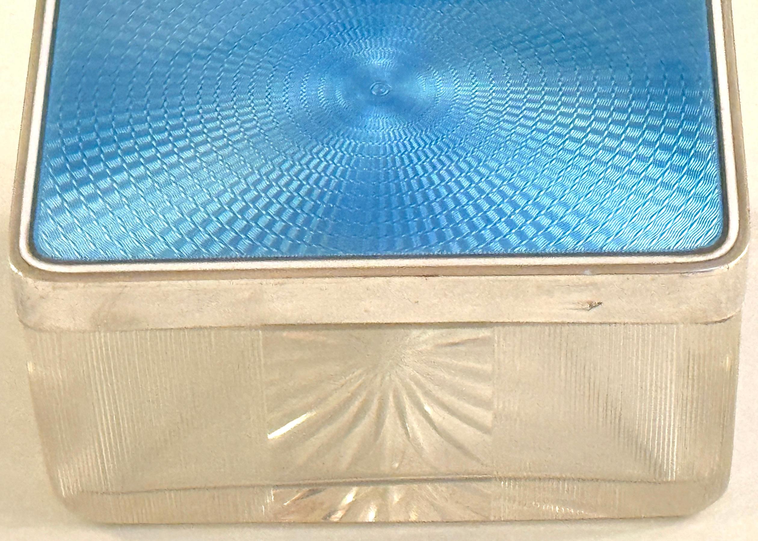 Rectangular French Silver Light Blue Guilloché Enamel and Crystal Table Box For Sale 1
