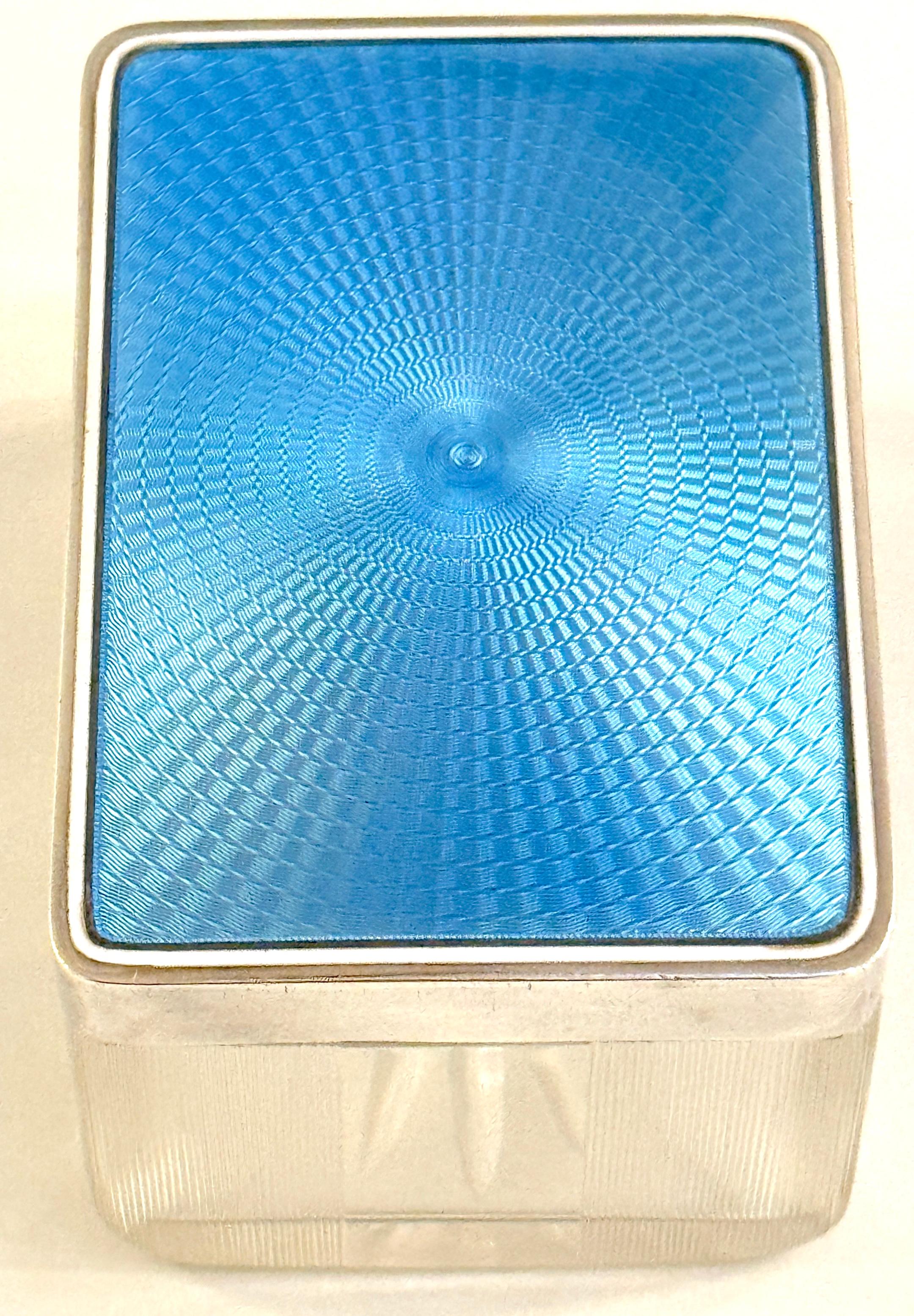 Rectangular French Silver Light Blue Guilloché Enamel and Crystal Table Box For Sale 2