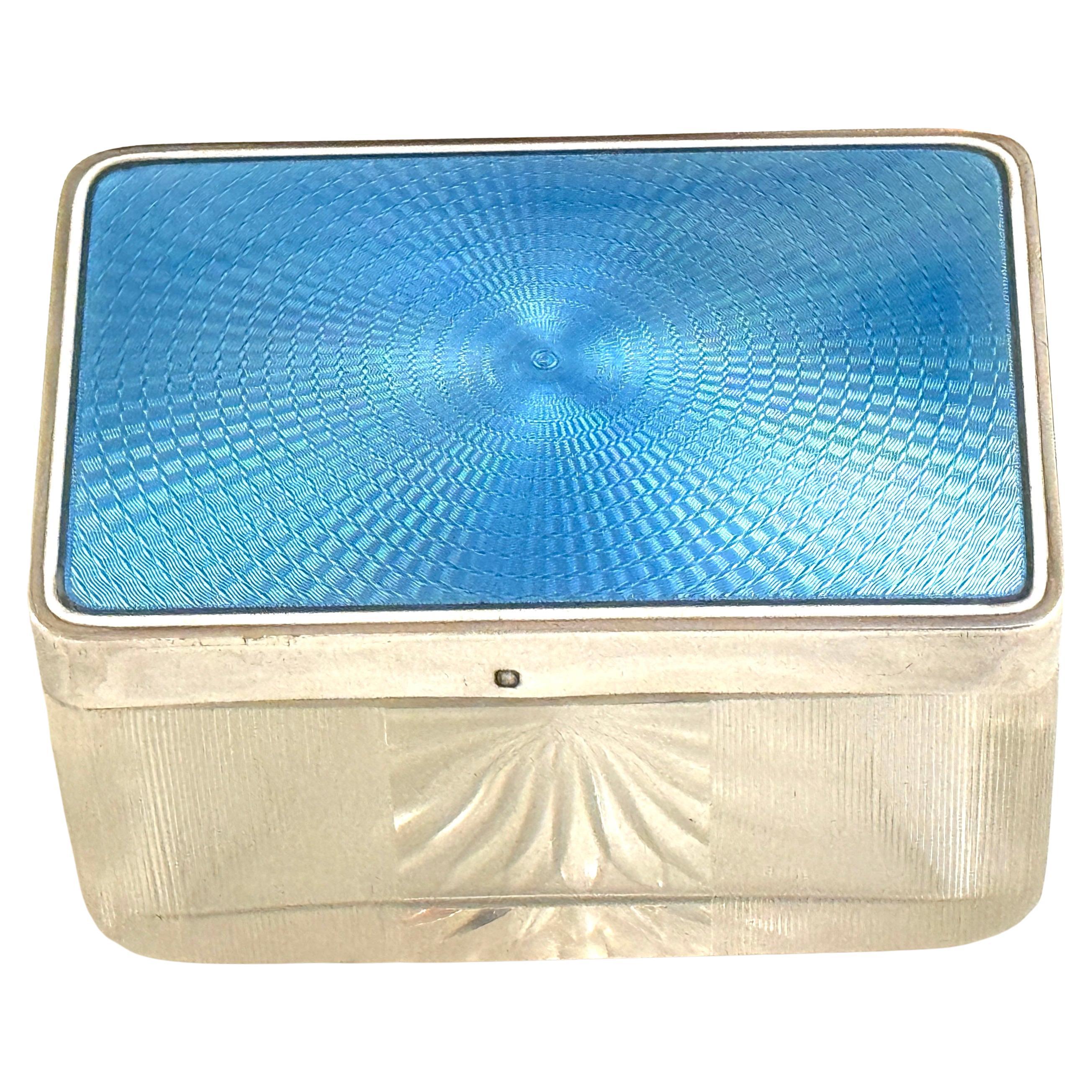 Rectangular French Silver Light Blue Guilloché Enamel and Crystal Table Box For Sale