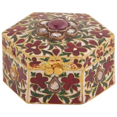 Vintage Enamel Box with Diamond and Rubies Handcrafted in 18 Karat Gold