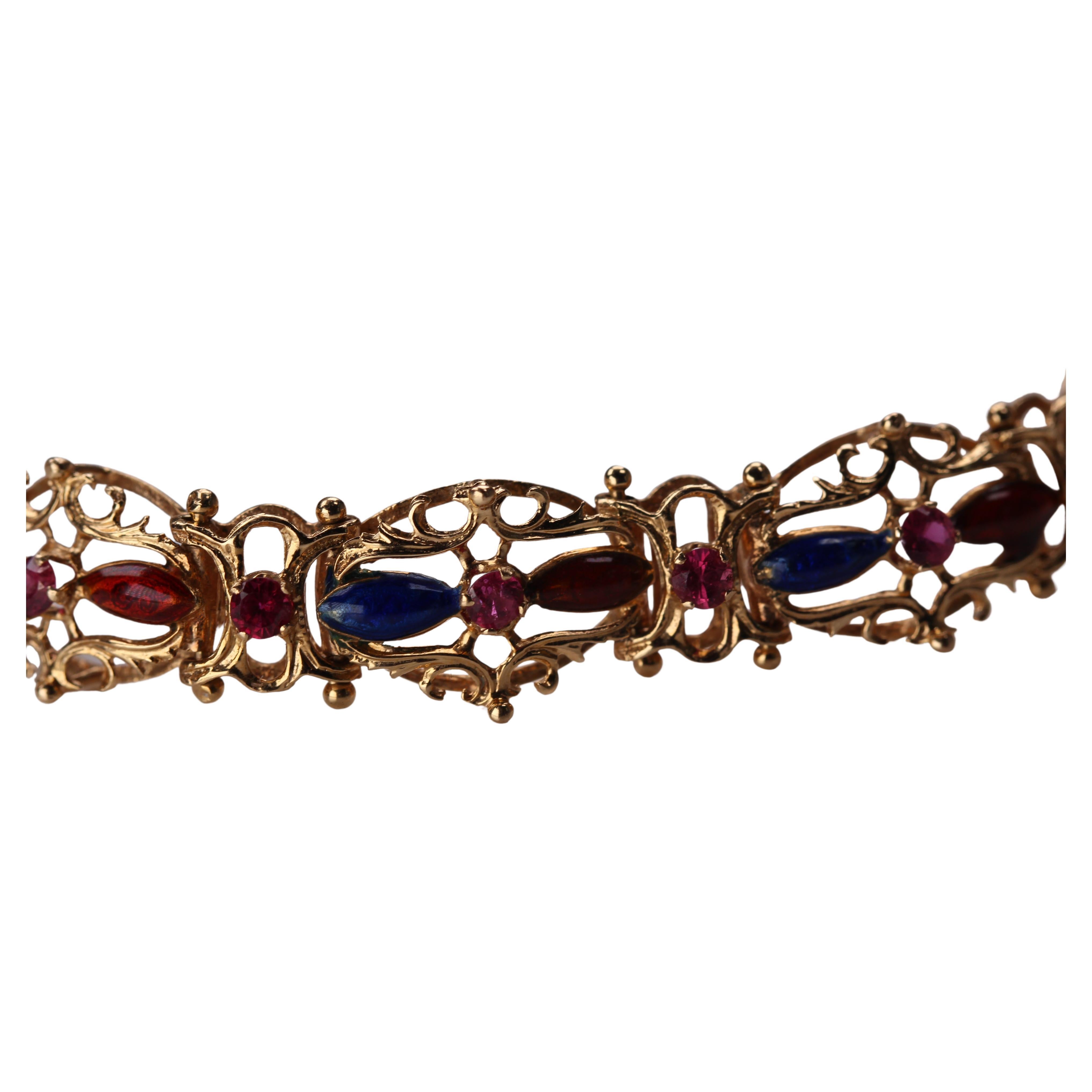Enamel Bracelet 18K Yellow Gold with Natural Pink Sapphires