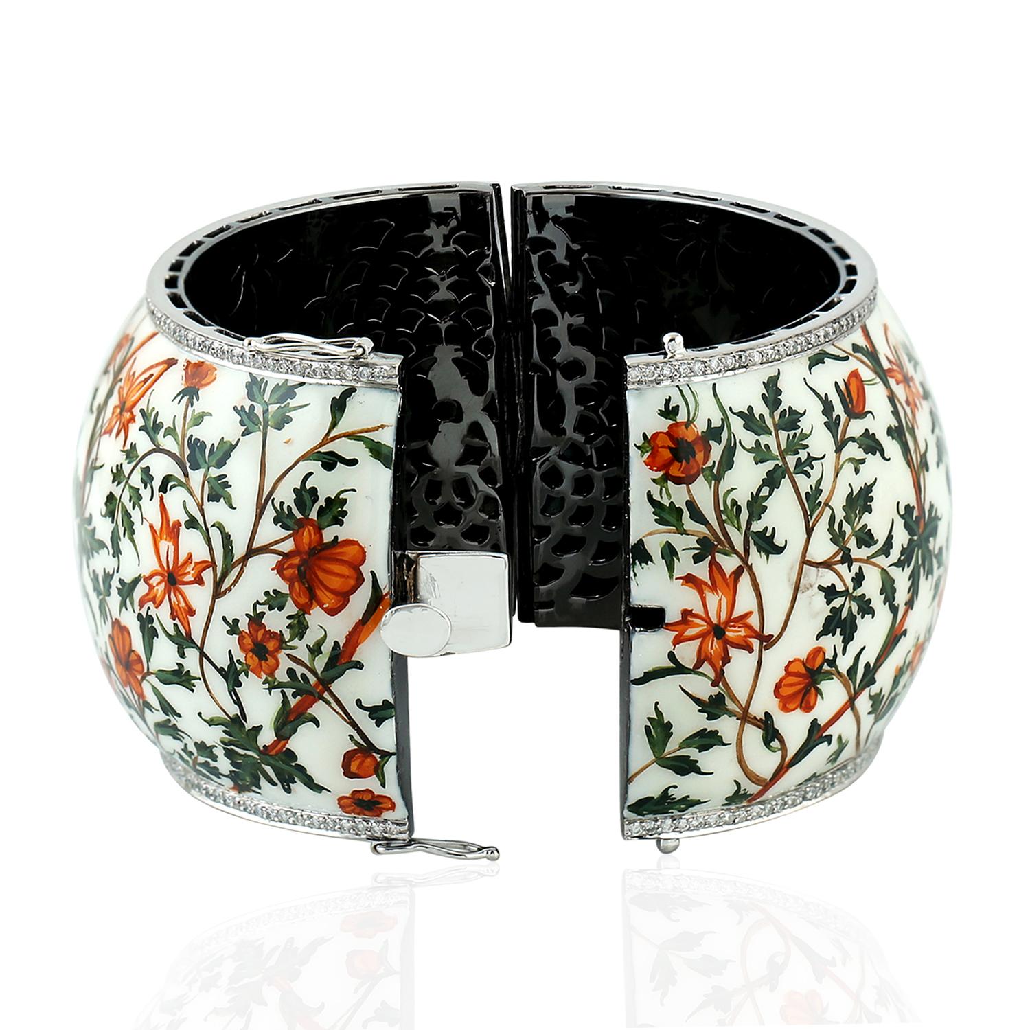 Modern Enamel Cuff With Hand Painted Floral Pattern & Pave Diamonds Around the Edge For Sale
