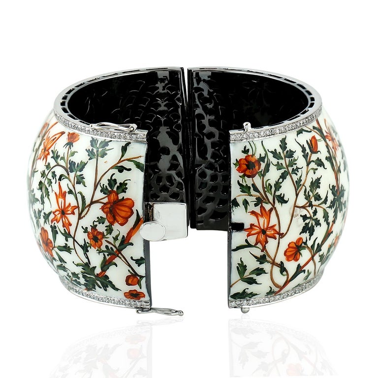 Enamel Cuff With Hand Painted Floral Pattern and Pave Diamonds Around ...