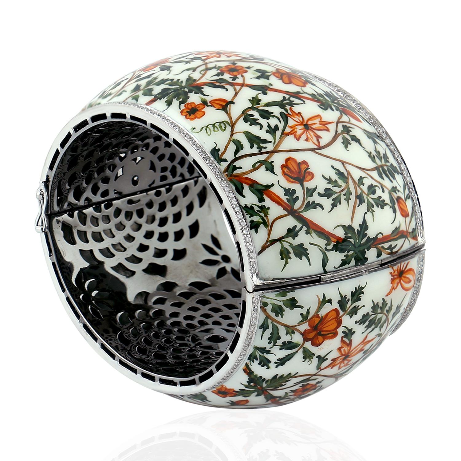 Round Cut Enamel Cuff With Hand Painted Floral Pattern & Pave Diamonds Around the Edge For Sale