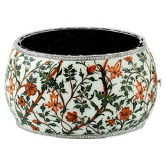 Enamel Cuff With Hand Painted Floral Pattern & Pave Diamonds Around the Edge