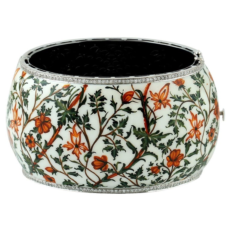 Enamel Cuff With Hand Painted Floral Pattern and Pave Diamonds Around ...