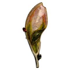 Enamel Brooch in 24, 22&18K Gold, Specatite Garnet, Tourmeline, Petrified Coral
