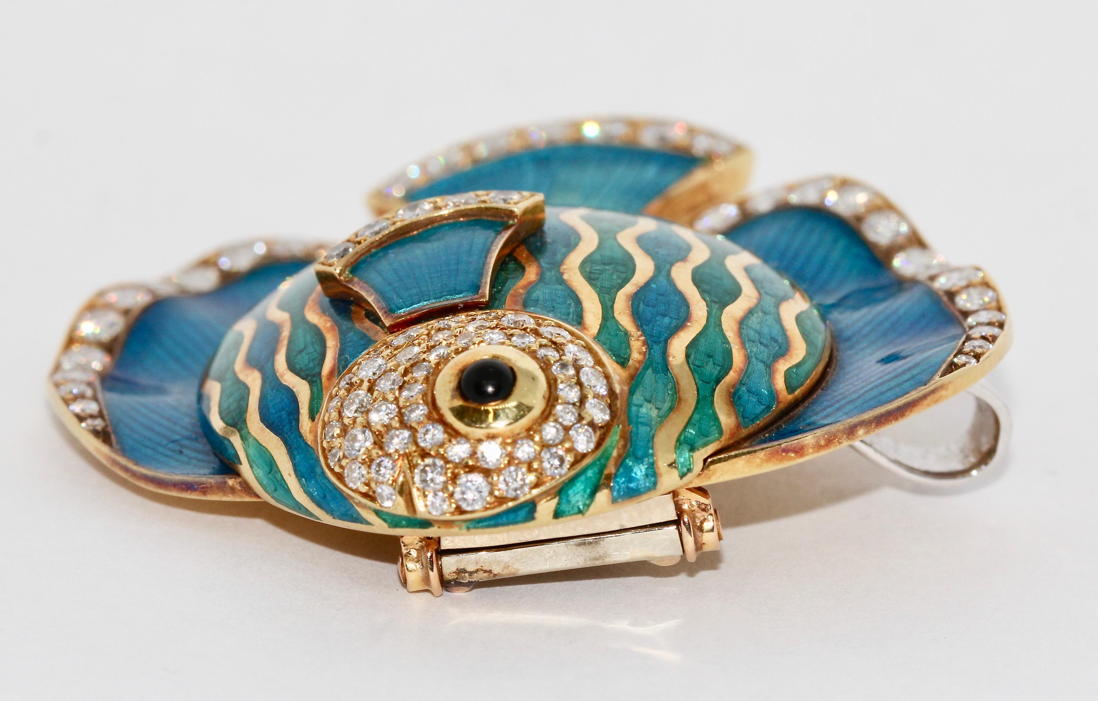 Enamel Brooch, Pendant, as Exotic Ornamental Fish, 18 Karat Gold and Diamonds For Sale 1