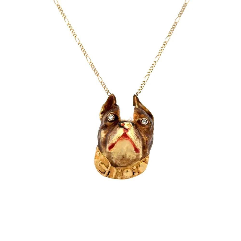 Simply Delightful! Beautiful Whimsical Enamel Bull Dog with Diamond Eyes Gold Vintage Pendant Necklace. Suspended from an 18.5” Link Chain. Hand crafted Enamel 14K Yellow Gold Pendant. Exquisitely detailed, giving a 3D appearance. More Beautiful in