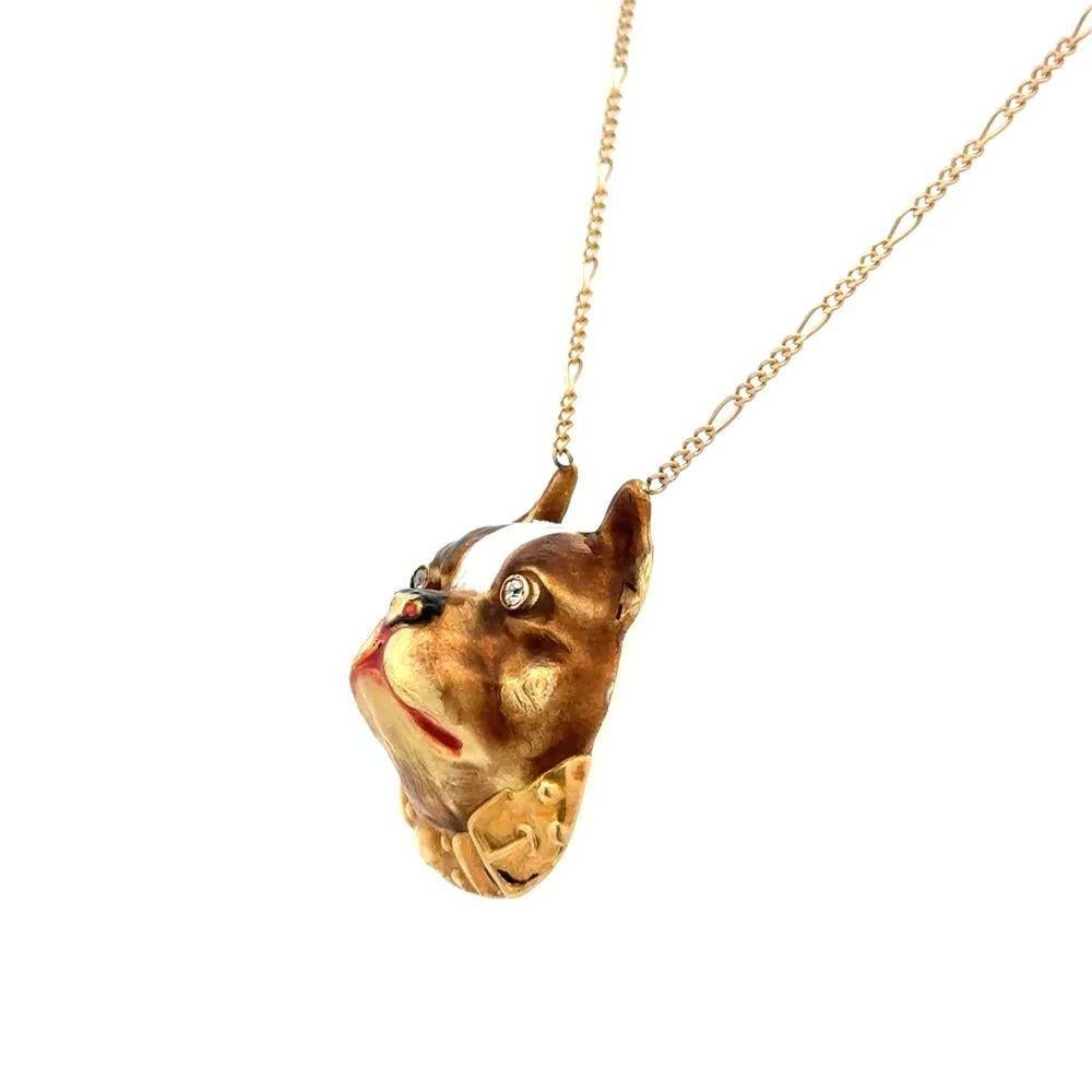 Round Cut Enamel Bull Dog Diamond Eyes Gold Vintage Pendant Necklace For Sale