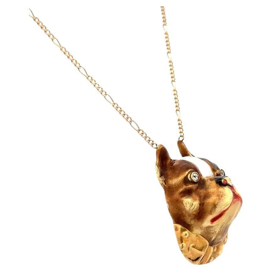 Enamel Bull Dog Diamond Eyes Gold Vintage Pendant Necklace For Sale
