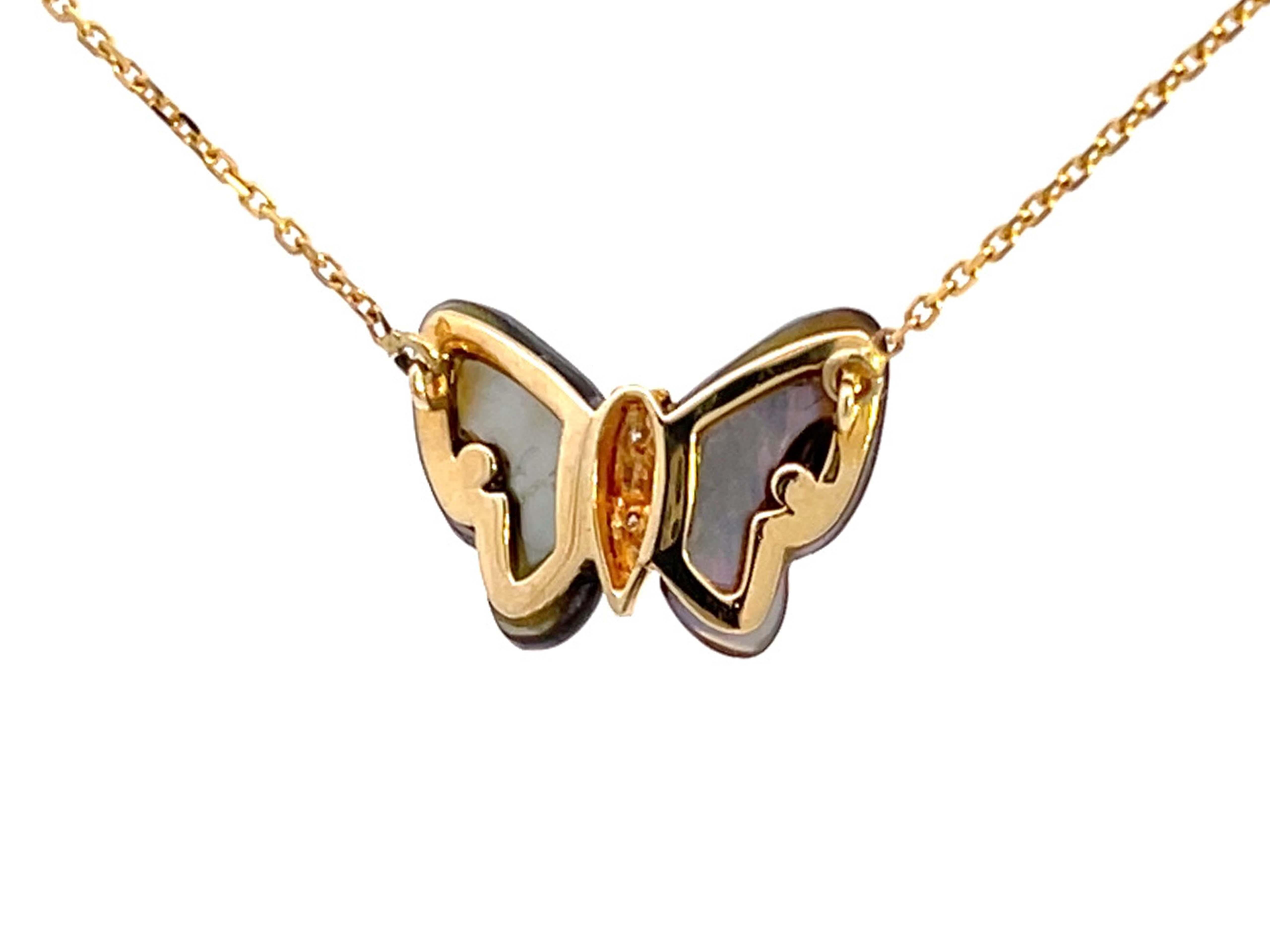 Brilliant Cut Enamel Butterfly and Diamond Necklace in 14k Yellow Gold For Sale