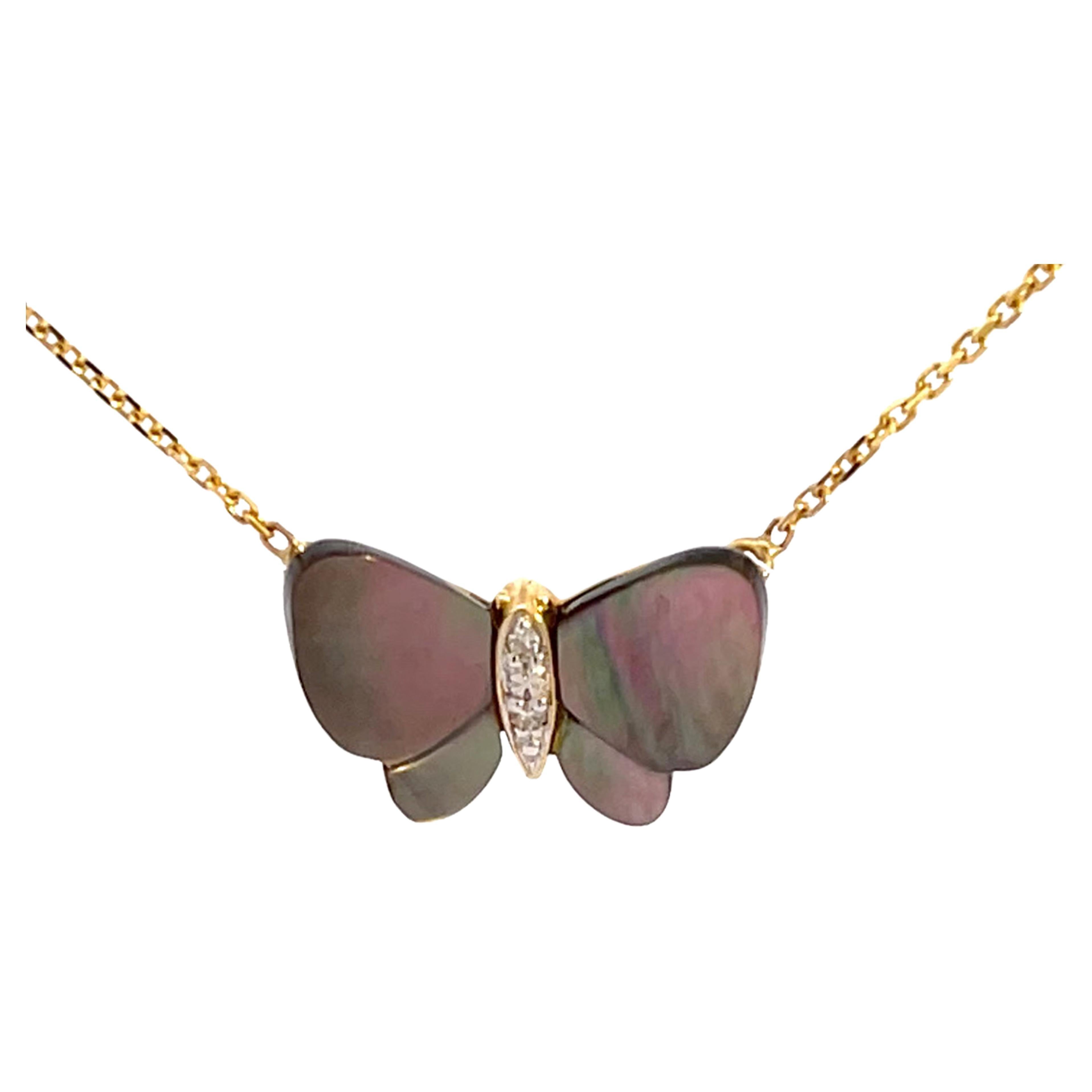 Enamel Butterfly and Diamond Necklace in 14k Yellow Gold For Sale