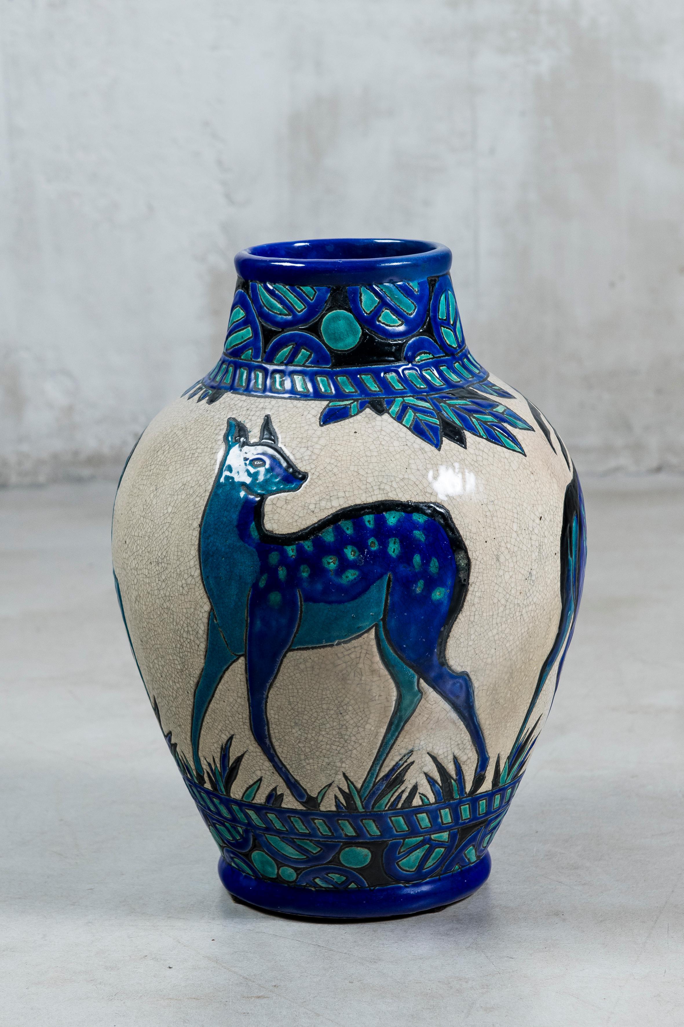 Emaille Keramik Blumenvase von Charles Catteau signiert Boch La Louvière. Art Deco Zeit. Belgien, um 1920.