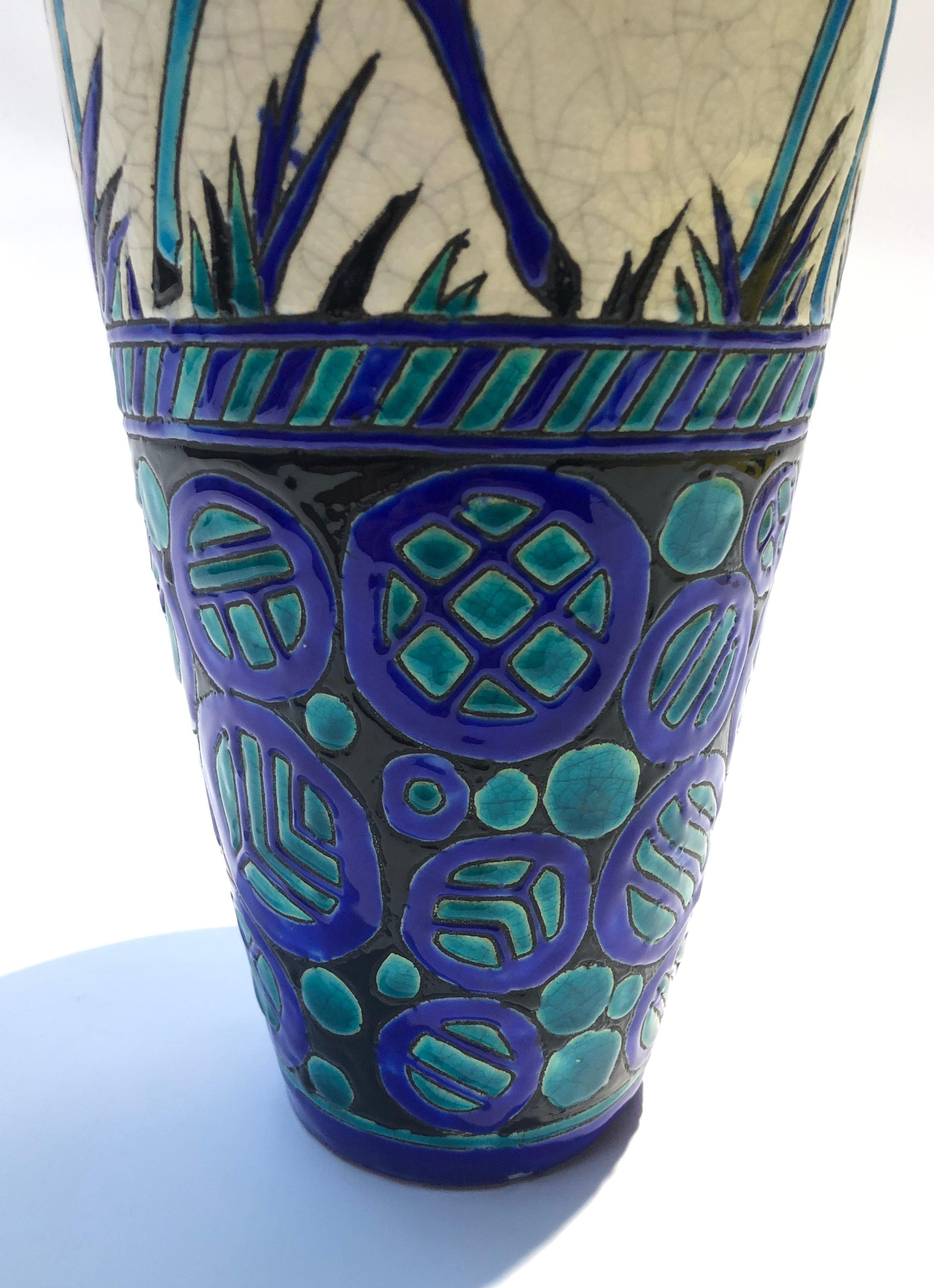 Belgian Enamel Ceramic Flower Vase by Charles Catteau Signed Boch La Louvière For Sale