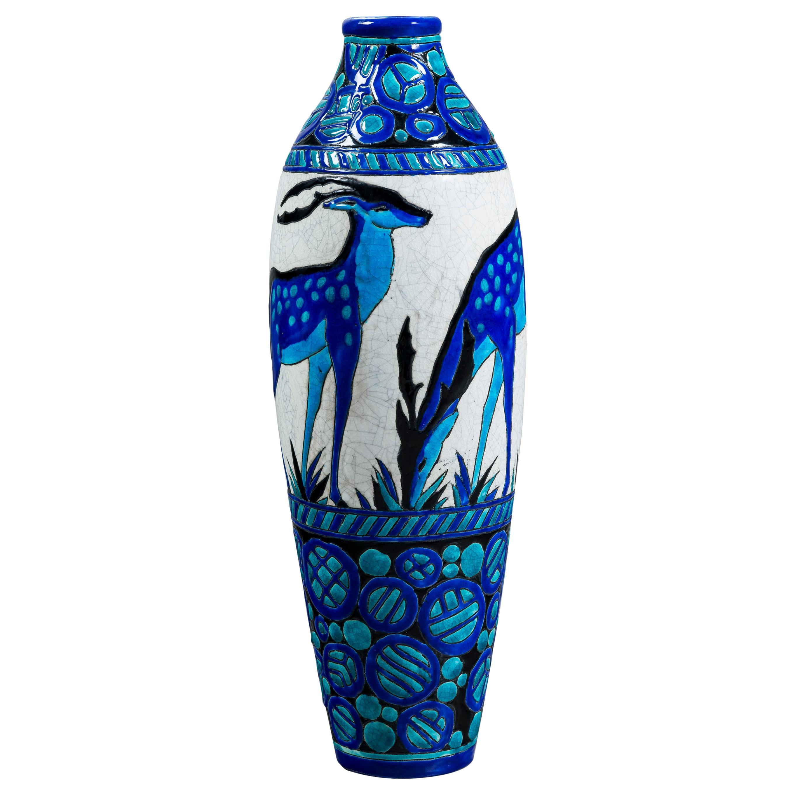 Enamel Ceramic Flower Vase by Charles Catteau Signed Boch La Louvière For Sale
