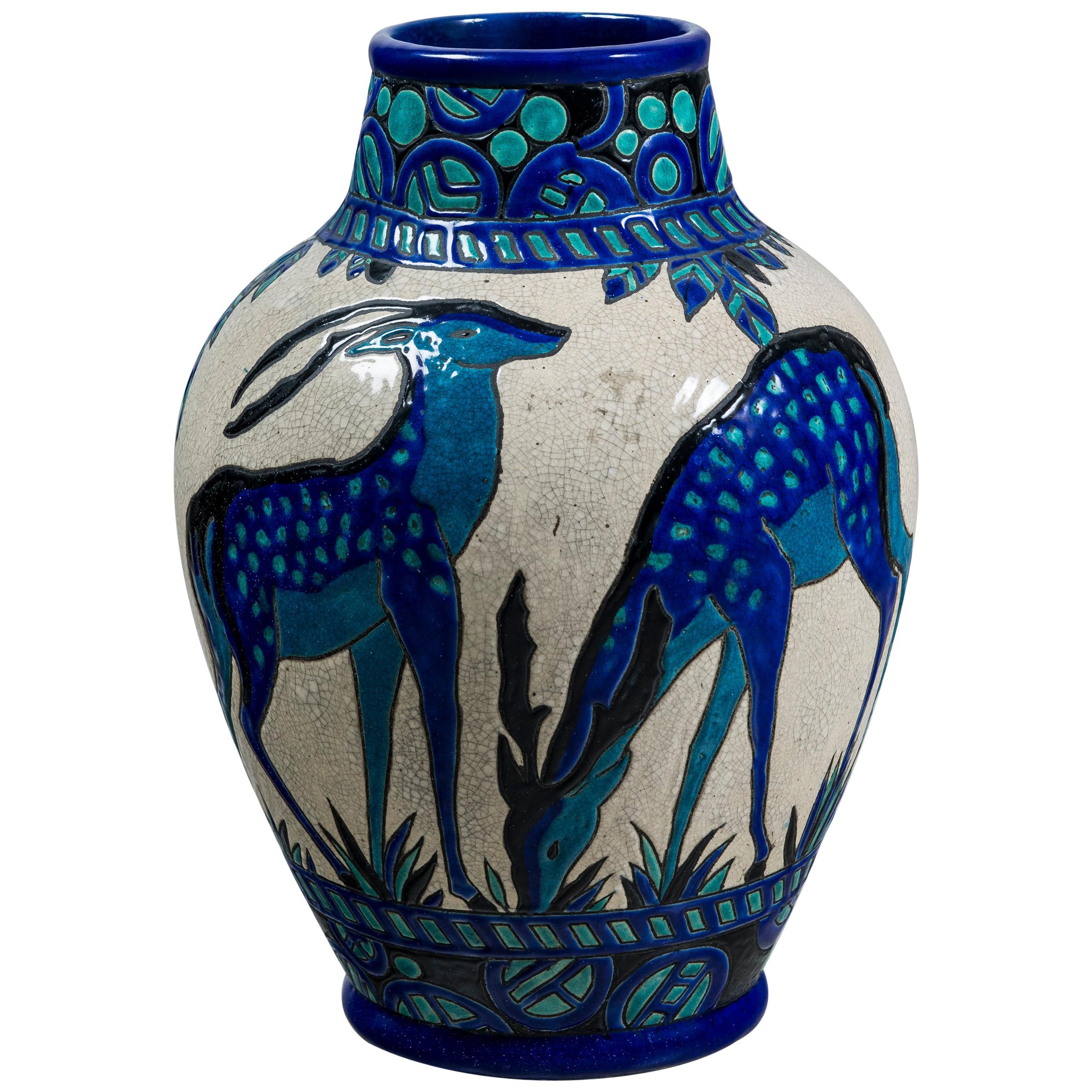 Enamel Ceramic Flower Vase by Charles Catteau Signed Boch La Louvière