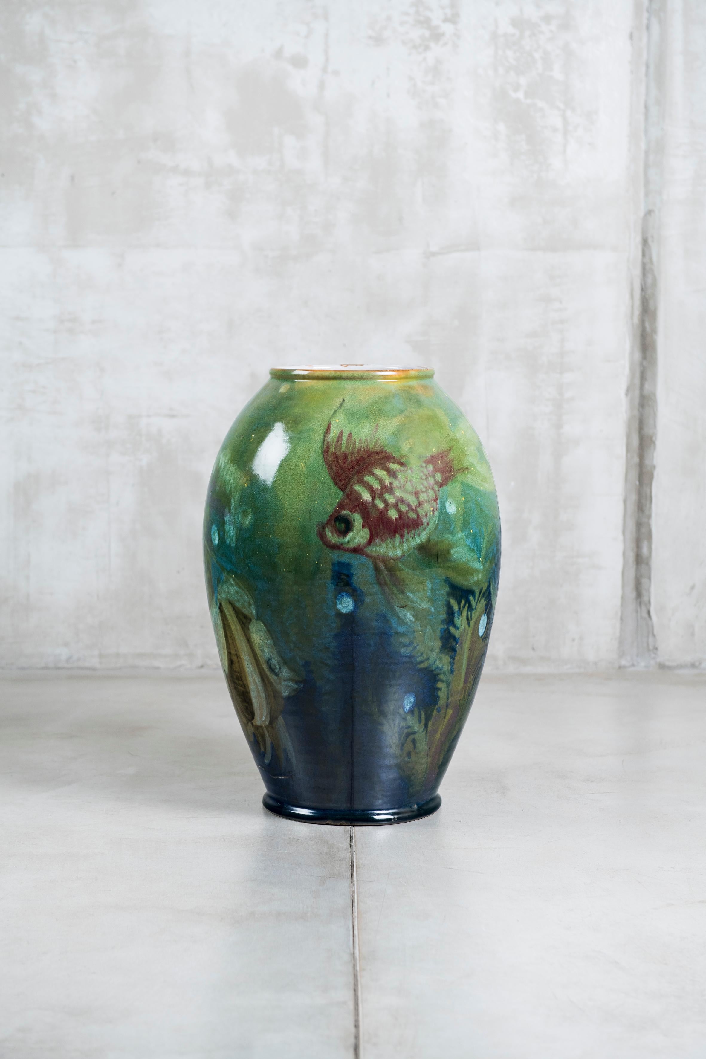 Enamel ceramic flower vase by Fabbri Davide for La Salamandra, Perugia, Italy, circa 1923-1930.