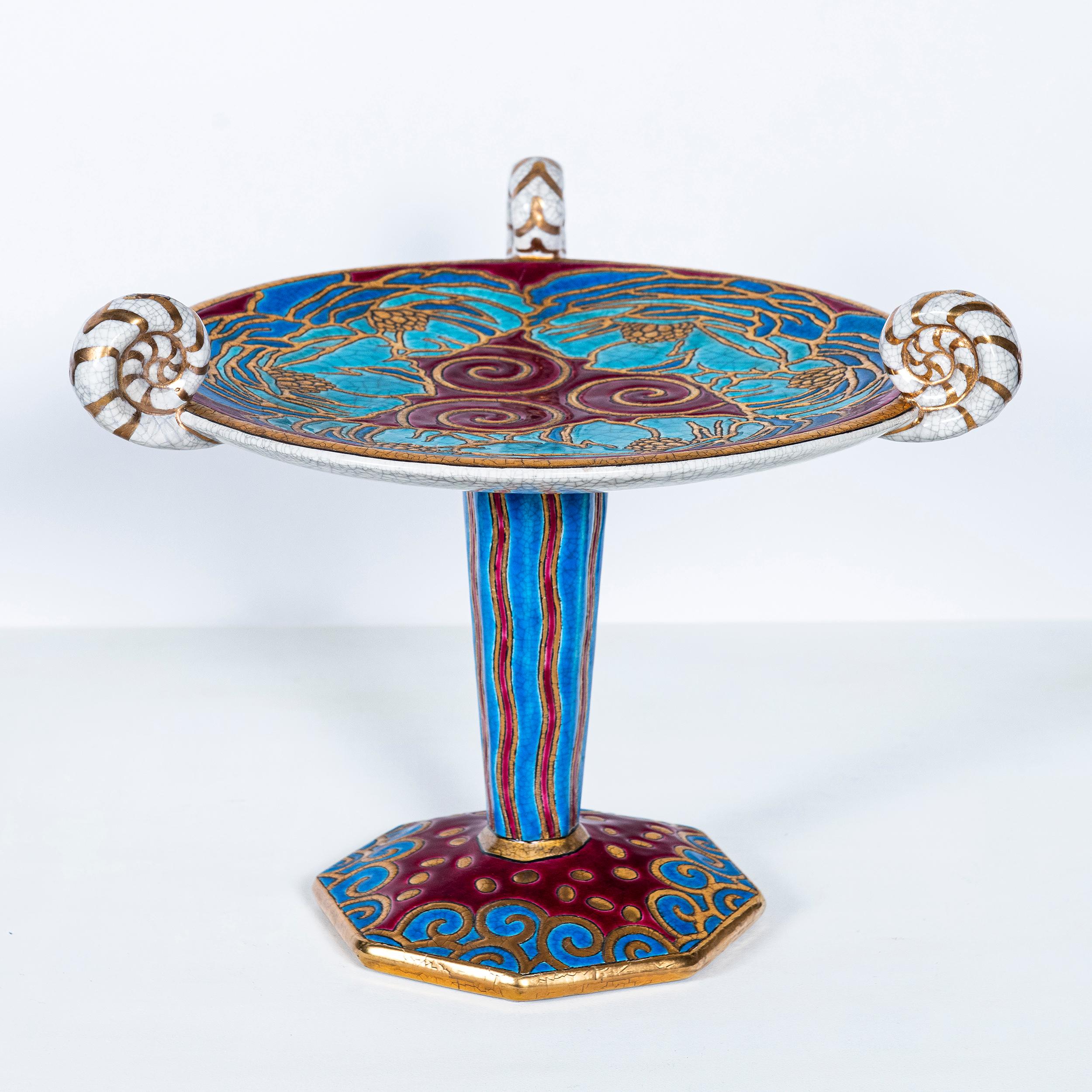 Enamel ceramic fruit stand signed Emaux de Longwy. Art Deco period. France, circa 1920.