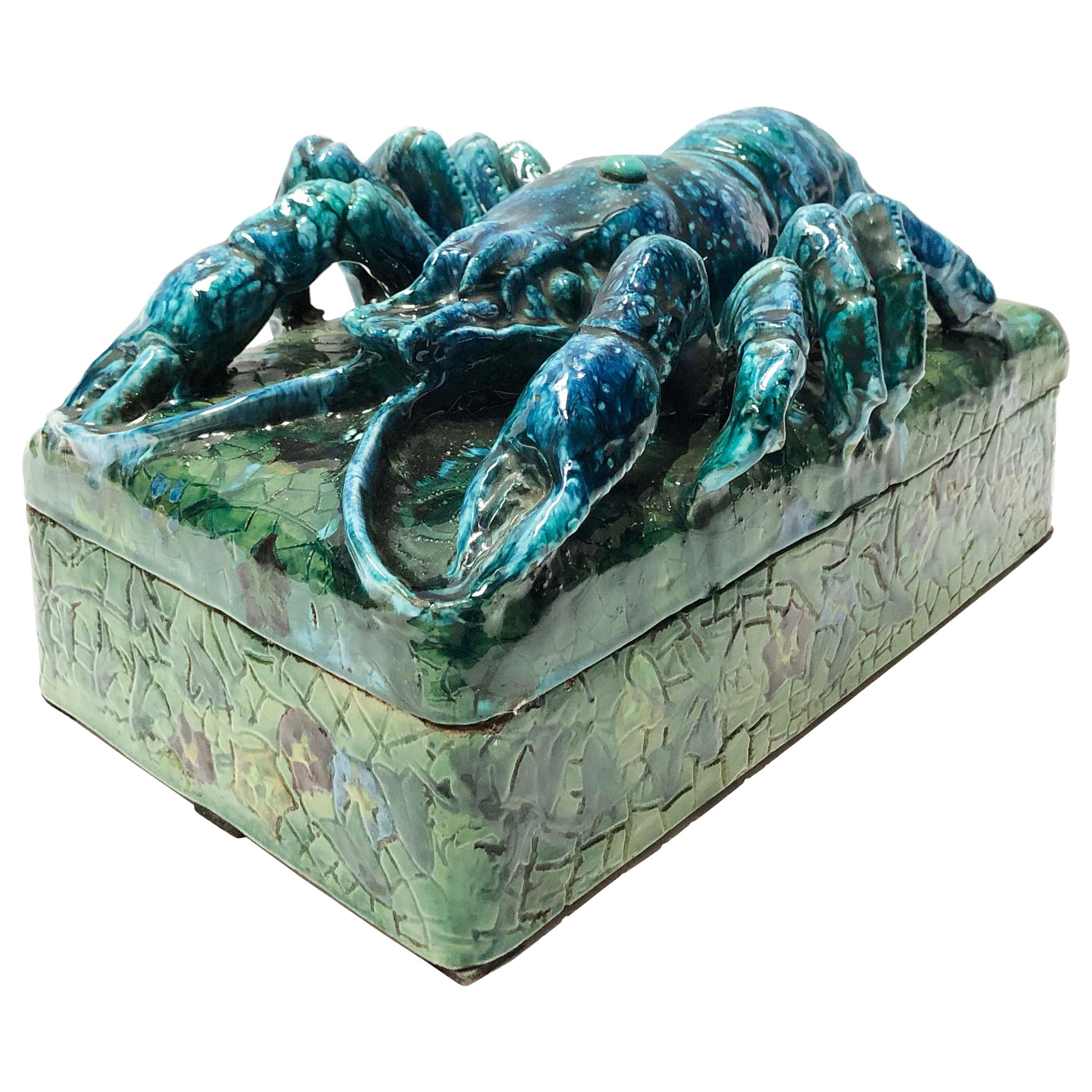 Enamel Ceramic Lobster Box, Art Nouveau Period, France, circa 1900