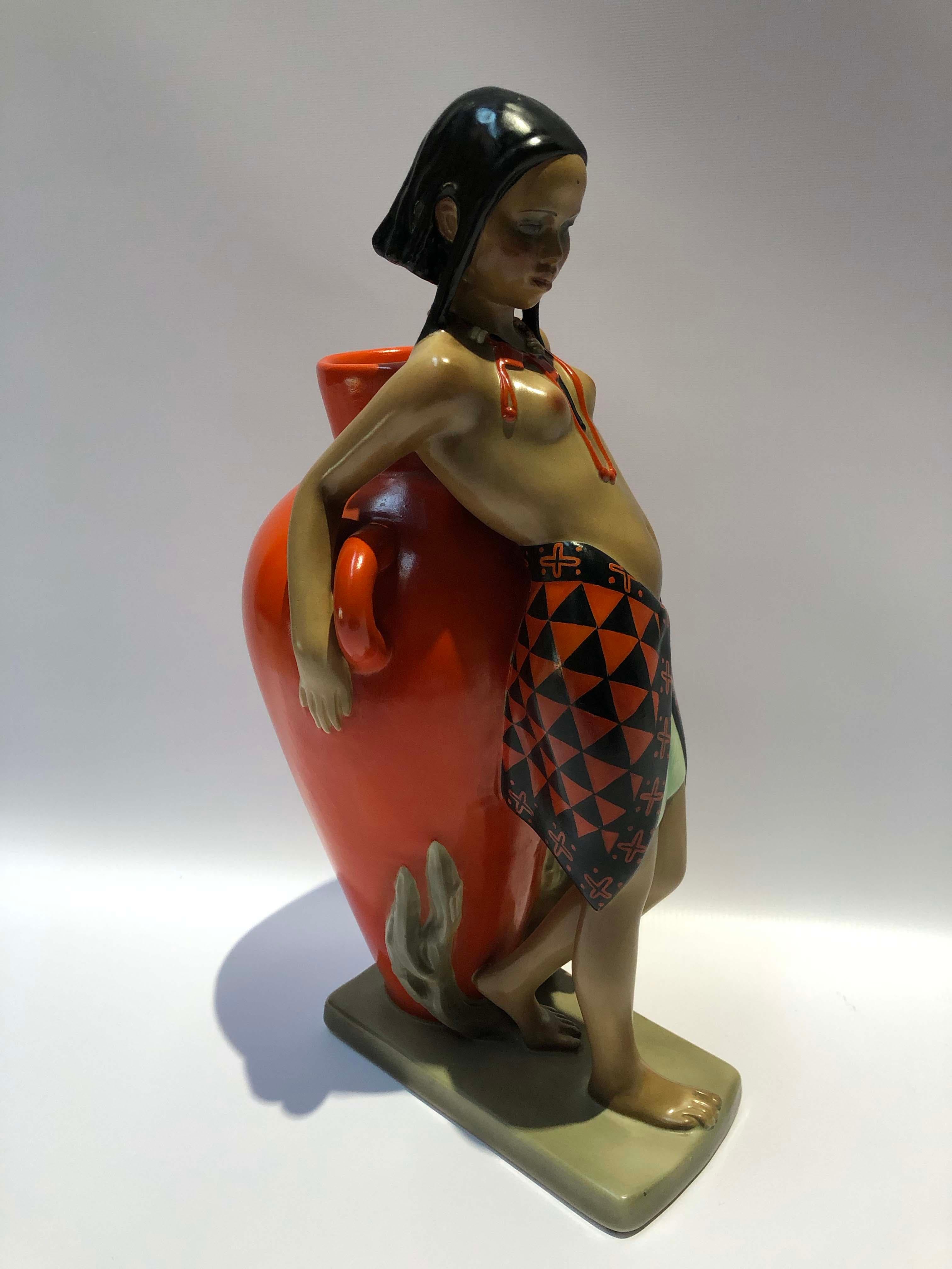 Enamel ceramic sculpture by Abele Jacopi (1882-1957) signed Lenci. Art Deco period, Italy, circa 1950.
