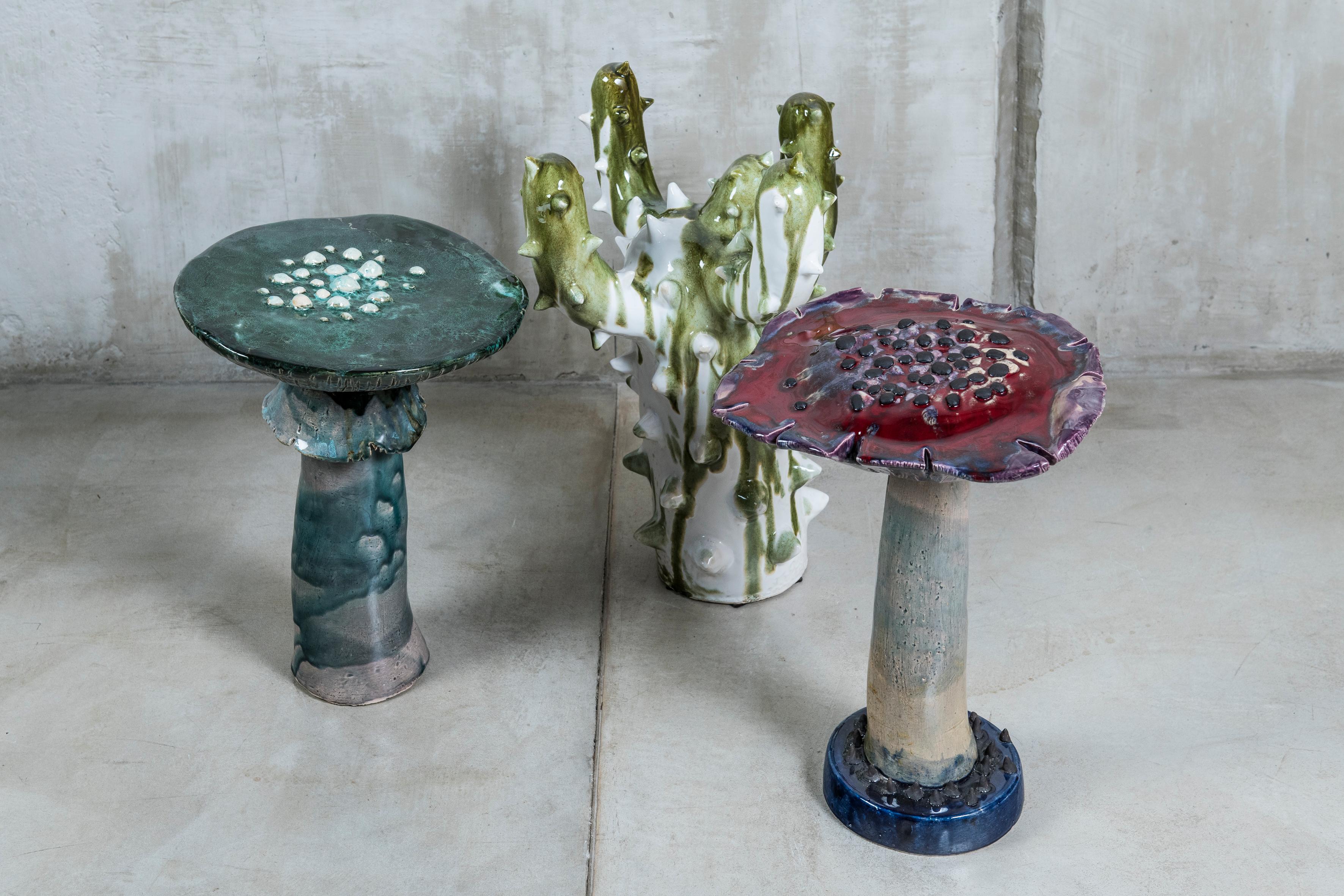 Set of three pieces.

Green mushroom dimensions: 42 cm height, 31 cm diameter top.
Red mushroom dimensions: 42 cm height, 32 cm width, 24 cm depth. 
White cactus dimensions: 51 cm height, 41 cm width, 41 cm depth.

Desiree De Ridder, argentine