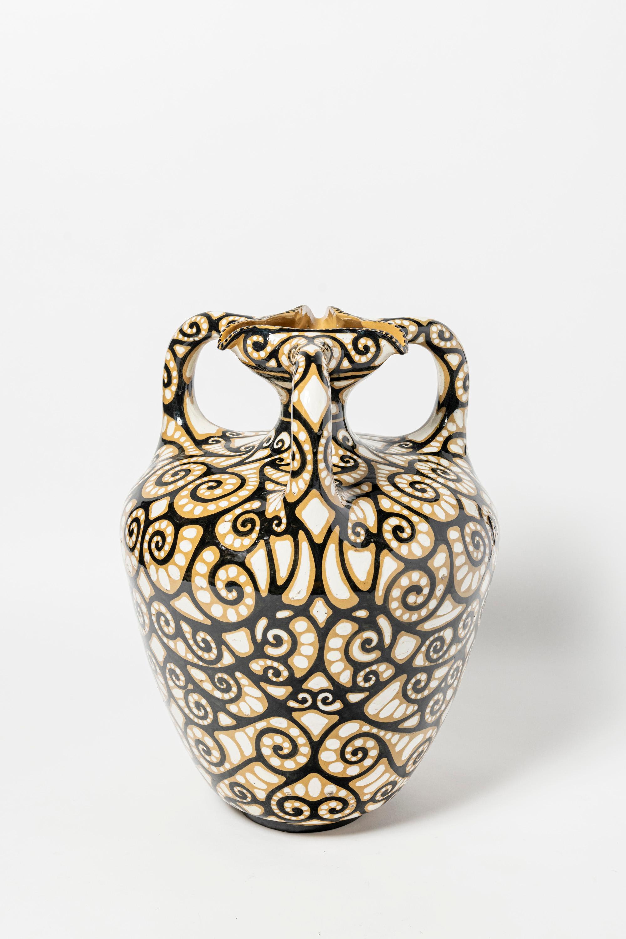 Mid-Century Modern Enamel Ceramic Vase Signed V. Cavalieri, Argentina, circa 1940. For Sale