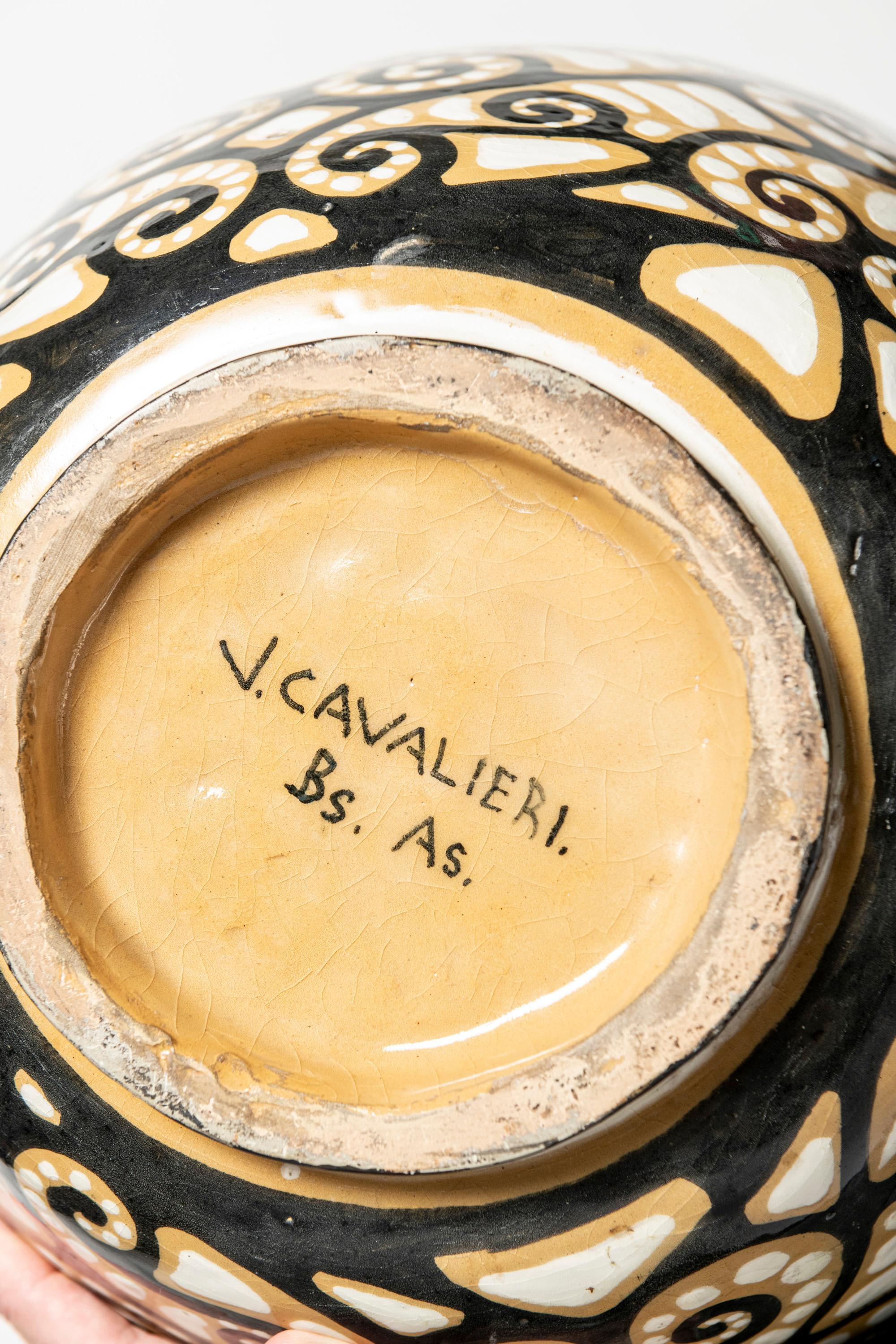 Mid-20th Century Enamel Ceramic Vase Signed V. Cavalieri, Argentina, circa 1940. For Sale