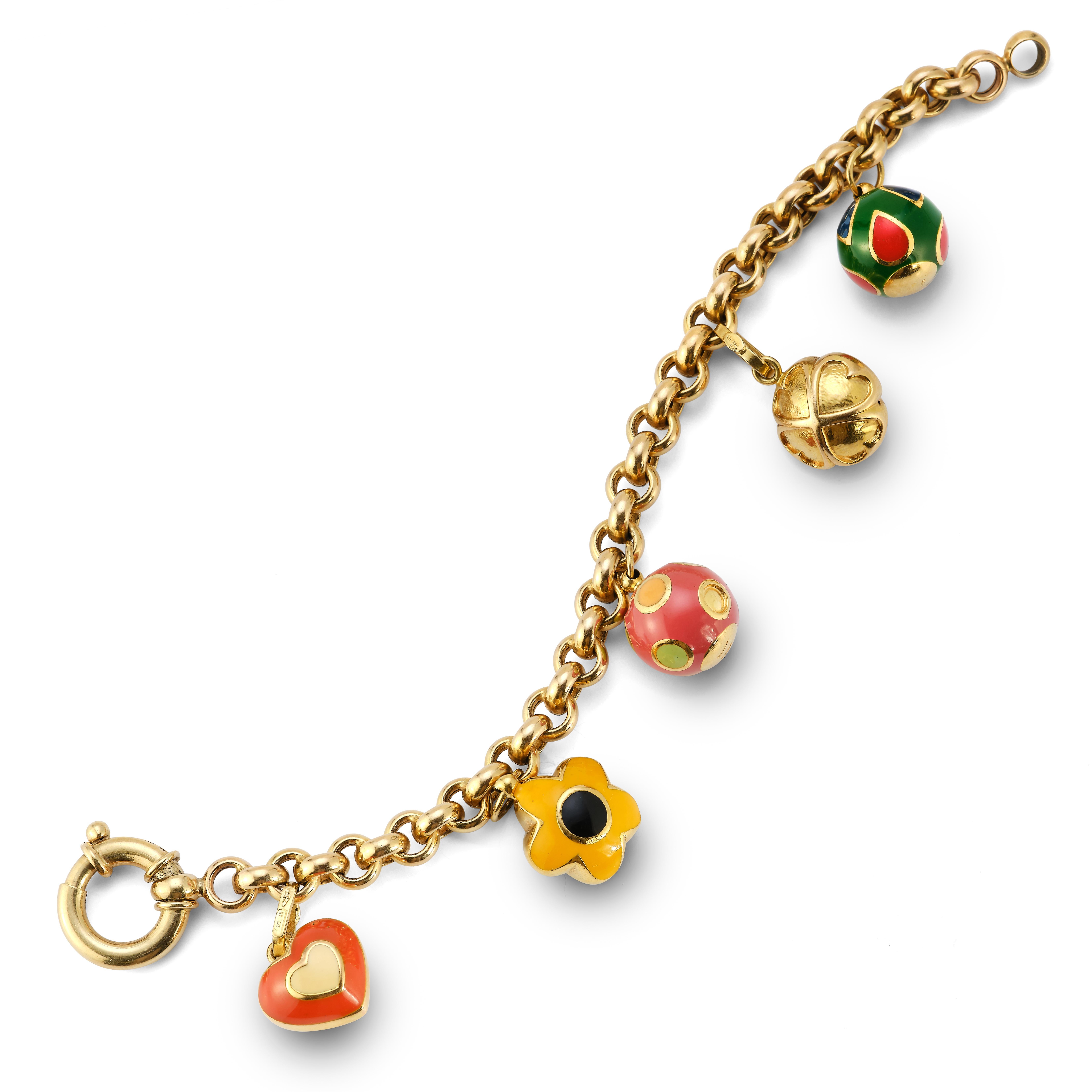 Gold  und Emaille-Charm-Armband
 
Gelbgoldarmband mit 5 runden emaillierten Goldanhängern 

Länge: 7,5