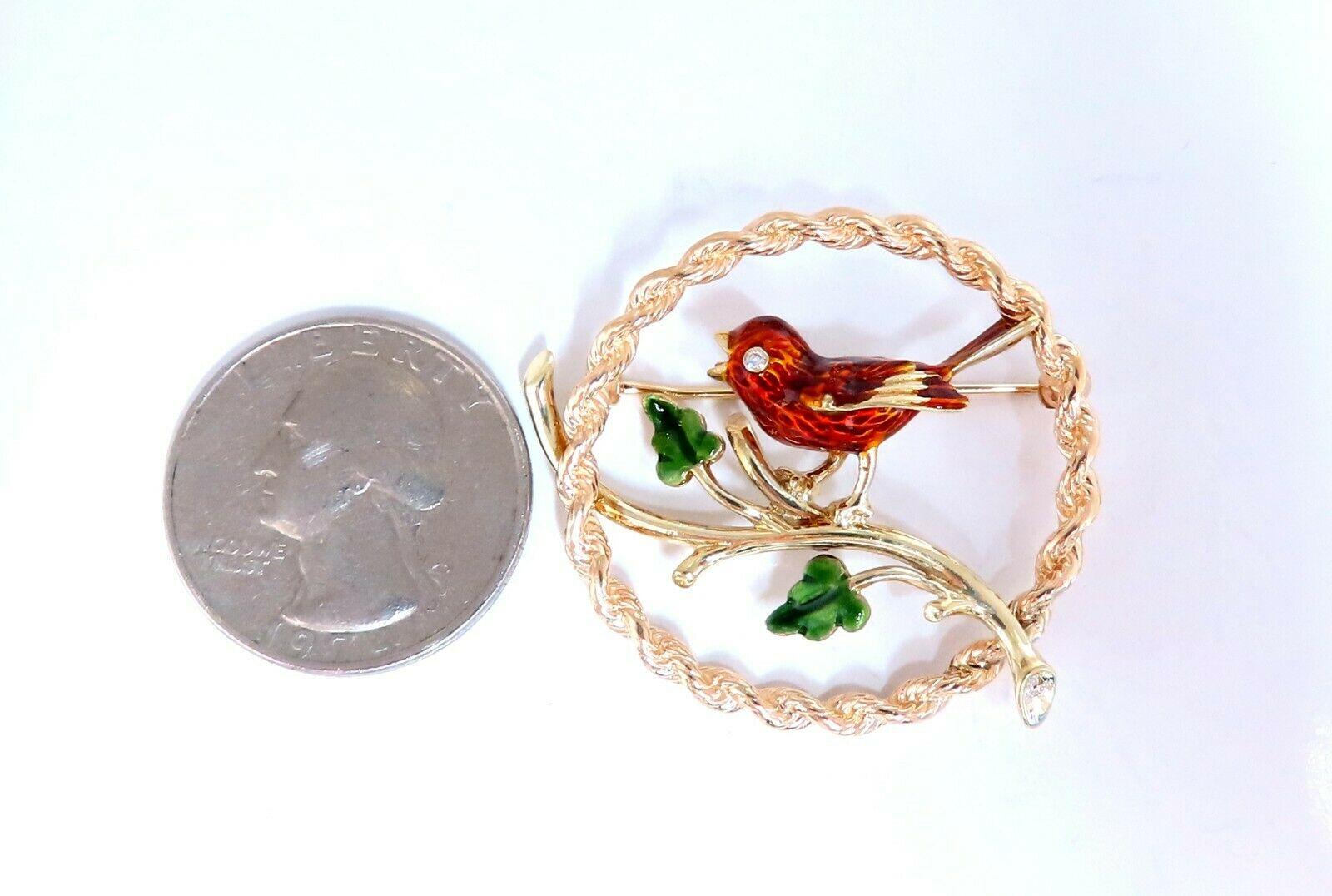 Enamel Chirping Bird Brooch Pin 14kt In New Condition For Sale In New York, NY